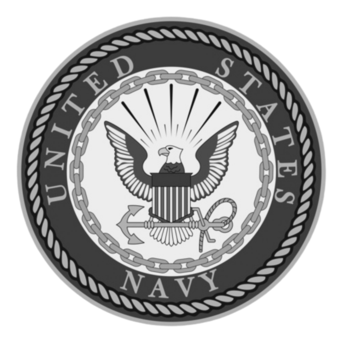 Black and white emblem of the United States Navy featuring an eagle with outstretched wings, an anchor, and a shield, surrounded by a chain border with the words "United States Navy".