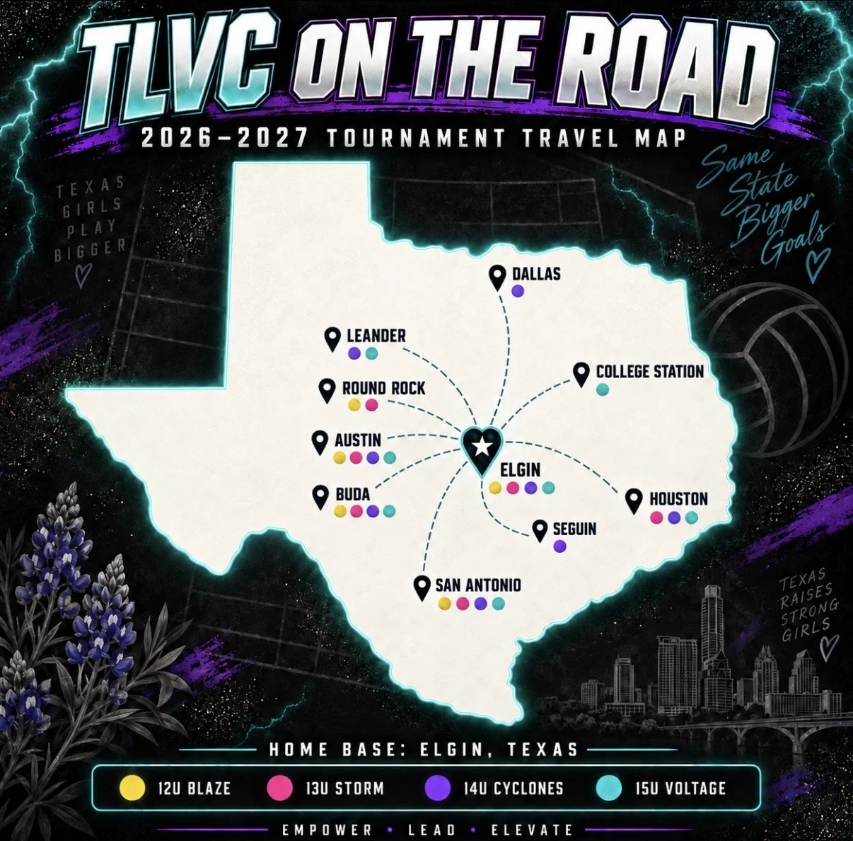 TLVC 2026–2027 tournament travel map showing Elgin as the home base and tournament destinations across Texas for the 12U, 13U, 14U and 15U teams.