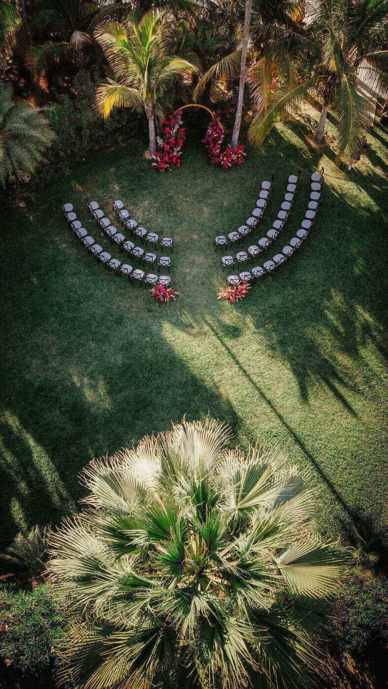 Aerial view of a tropical wedding ceremony space