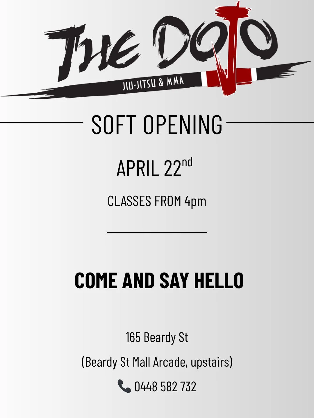 We&rsquo;re opening this Wednesday, April 22nd &mdash; soft opening.
No big launch yet. Mats are down and we&rsquo;re ready.

Come try a class or drop in. Just wear comfortable clothes &mdash; we&rsquo;ll handle the rest.

We train using simple, effe