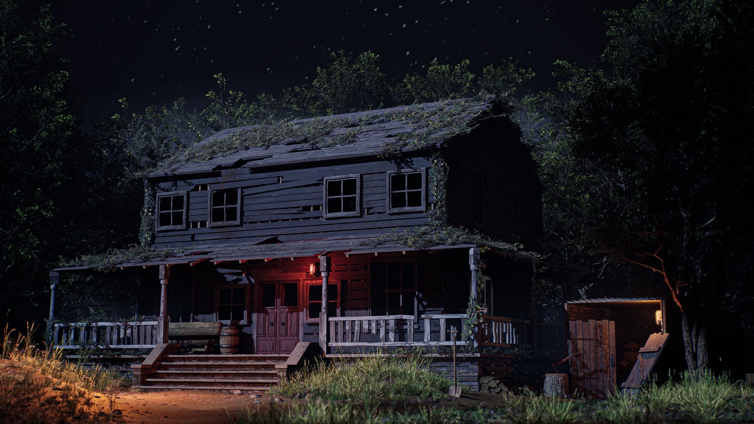 3D rendered horror forest environment with abandoned cabin at night created in Unreal Engine 5