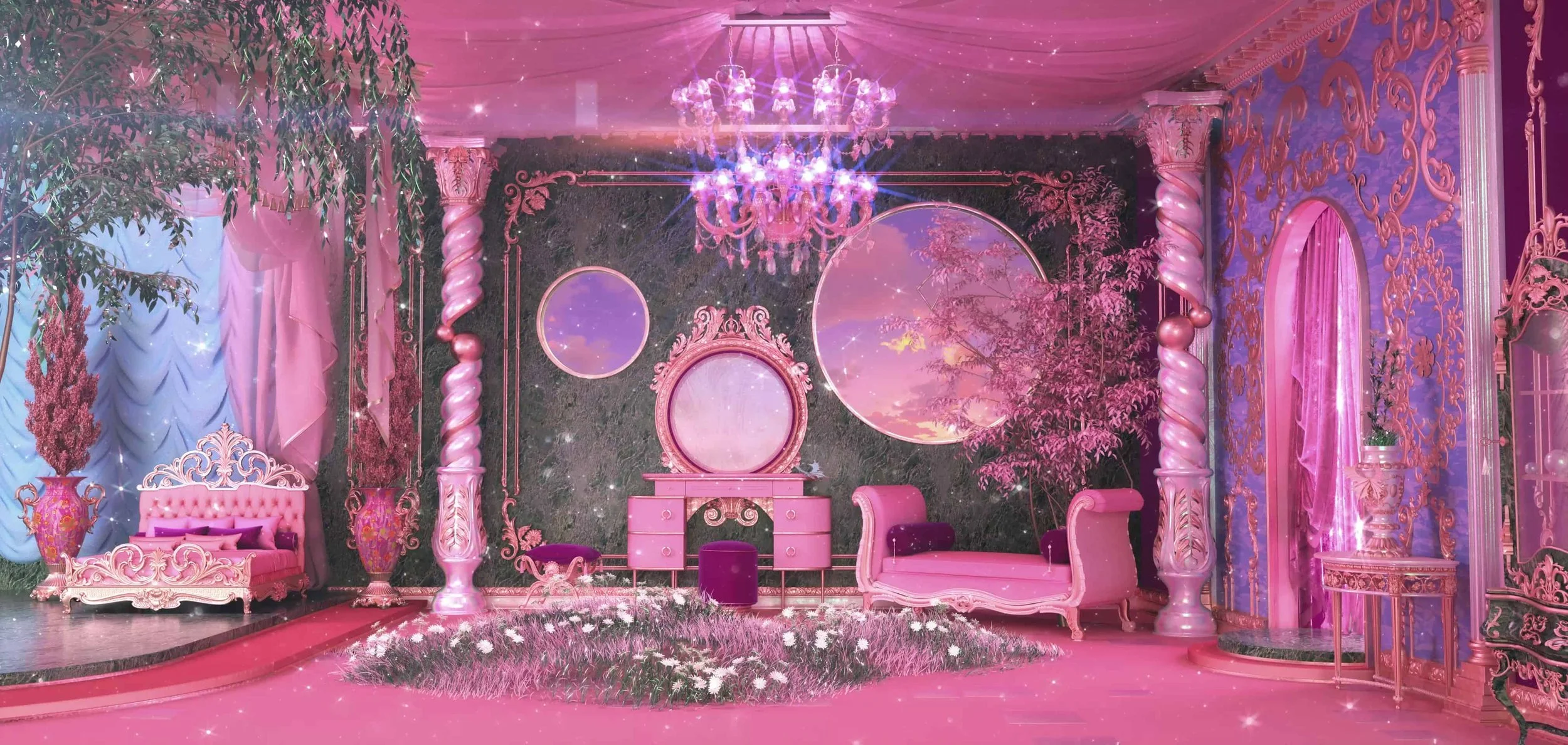 Lil Nas X Long Live Montero Tour stage design featuring pink baroque bedroom set with chandelier and ornate columns