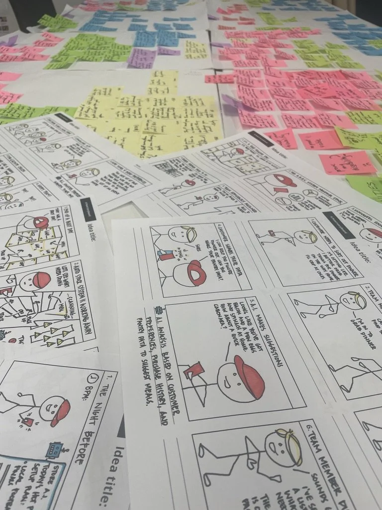 Workshop table with color-coded sticky notes and printed comic-style instructional sheets.
