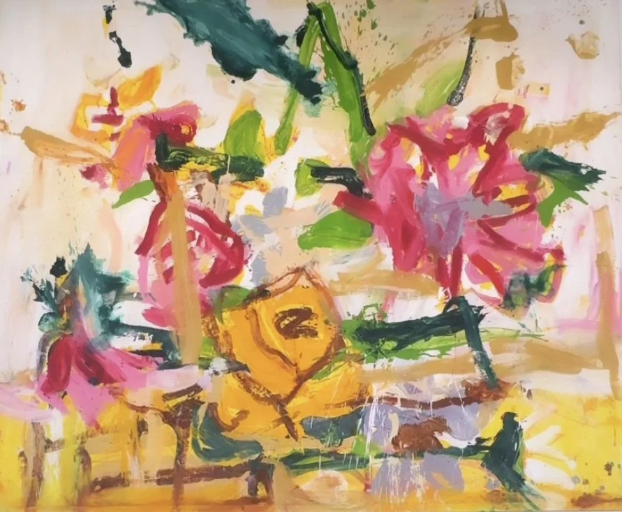 Abstract painting of pink flowers, green leaves, and a yellow vase against a light background.