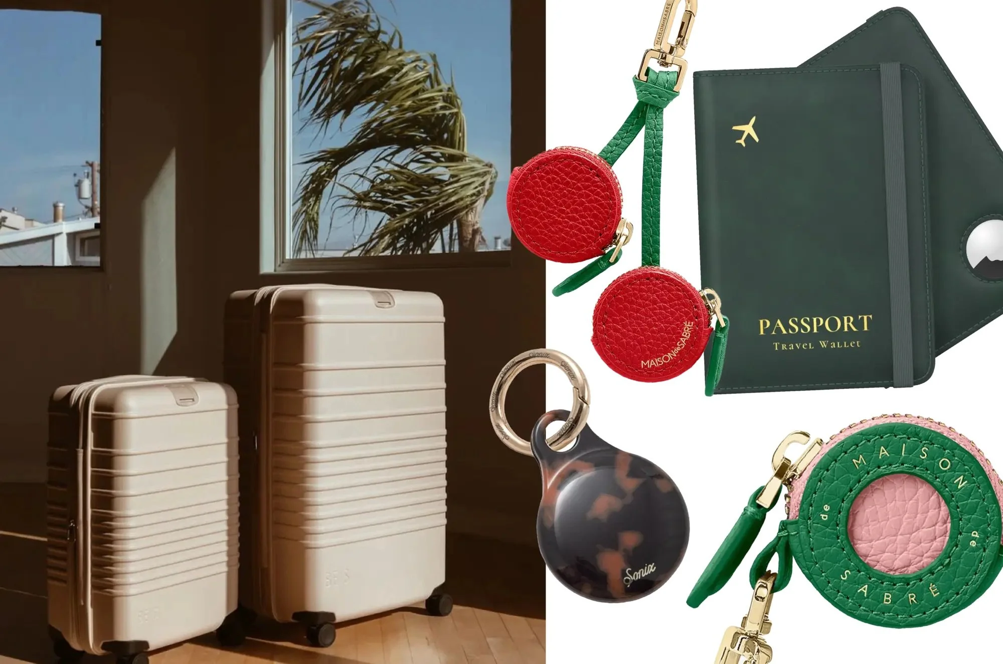 Photo collage of suitcases and Apple AirTag accessories