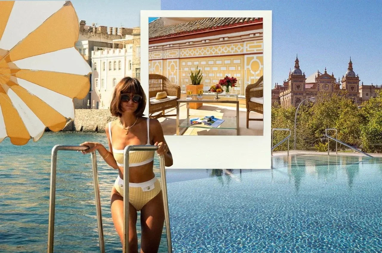 Woman in yellow bikini emerging from pool