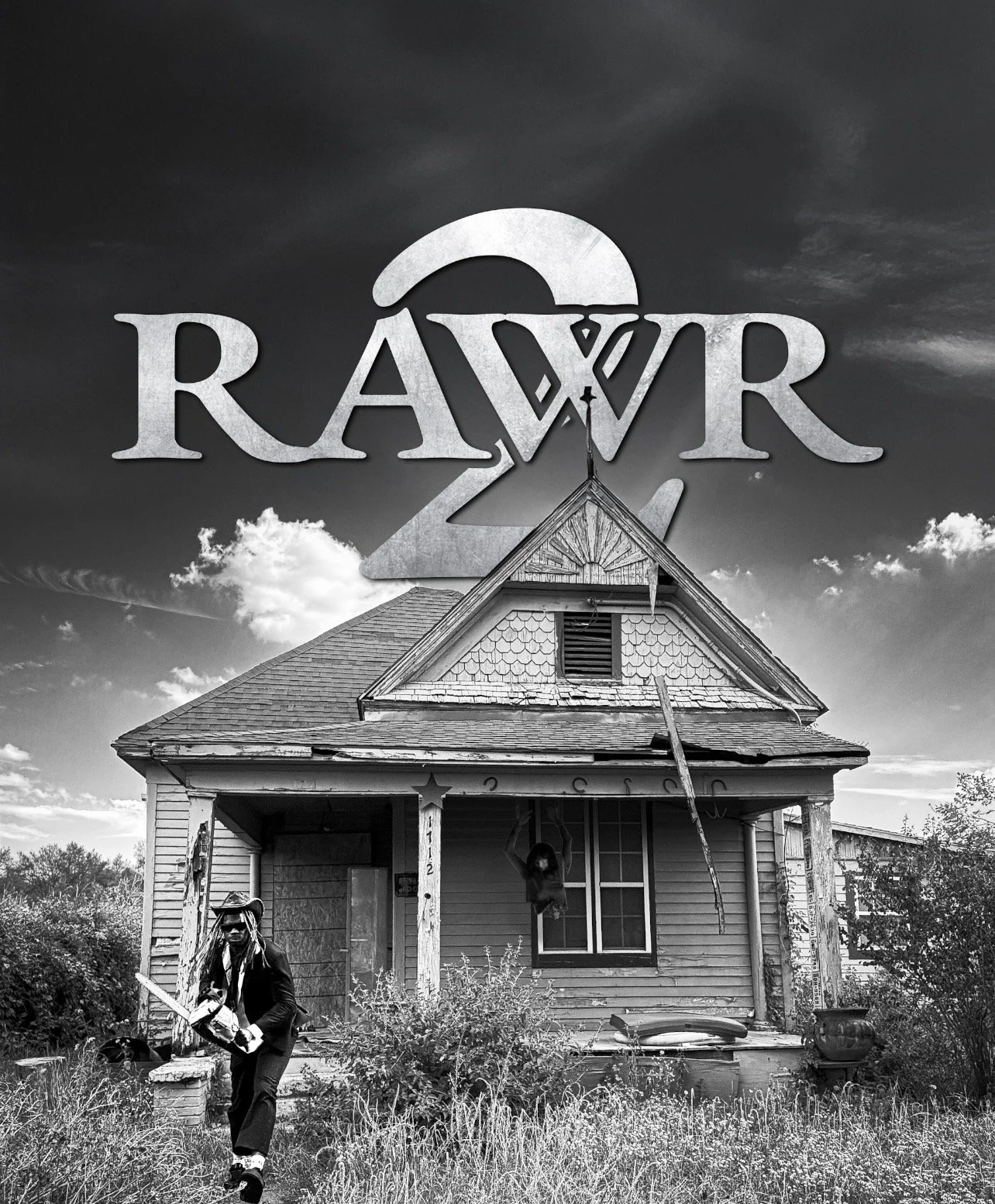 Black and white photo of an old abandoned house with boarded-up windows, overgrown yard, and broken porch. Large graffiti-style text reading 'RÄWR 2' is overlayed at the top.