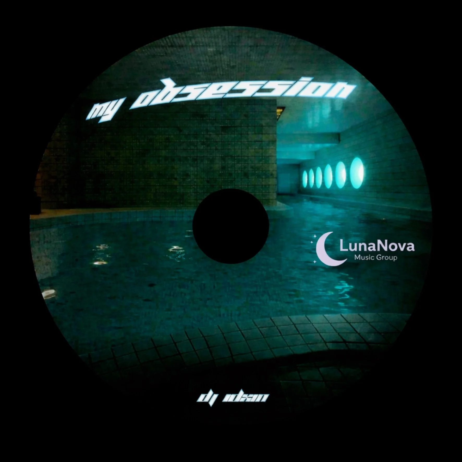 Music album cover by LunaNova Music Group featuring a swimming pool with turquoise lighting and circular windows on the side wall.