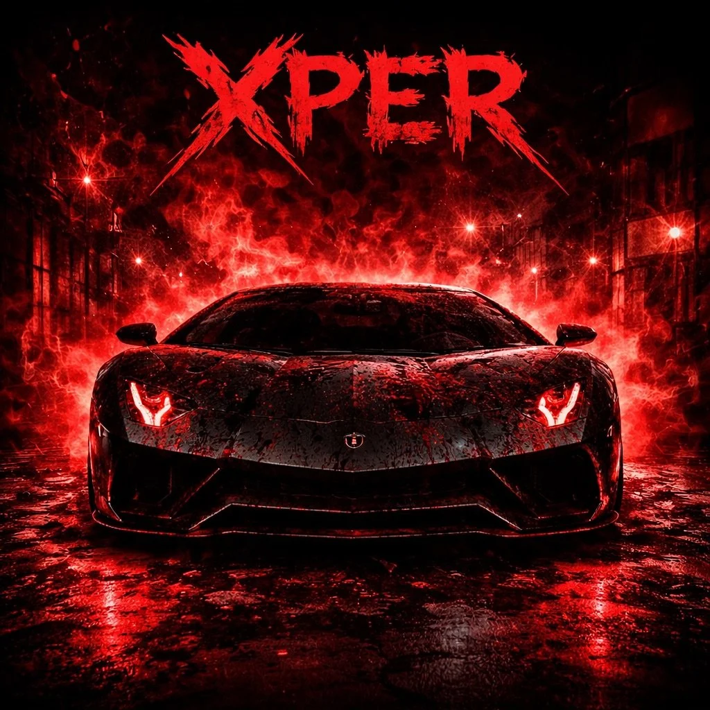 A black sports car with red lighting and a fiery background, with the word "XPER" written in red, bold, jagged font at the top.