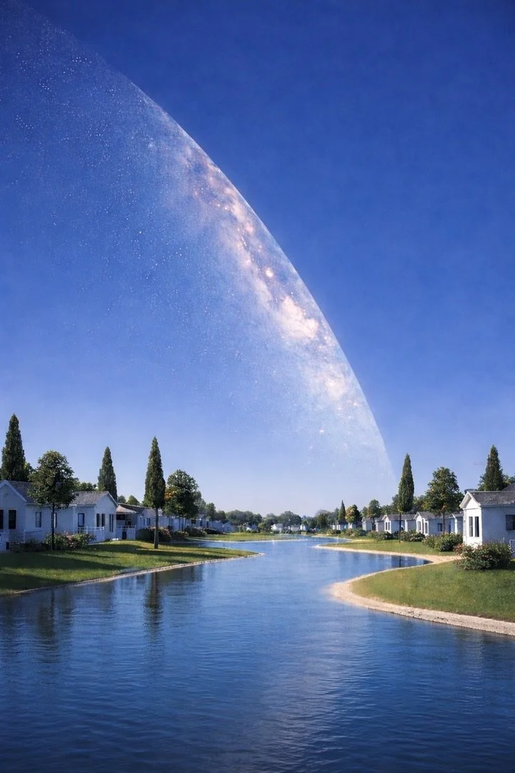 A peaceful neighborhood with white houses and green trees beside a calm river under a clear blue sky, with a large, semi-transparent arc of the Milky Way galaxy overhead.