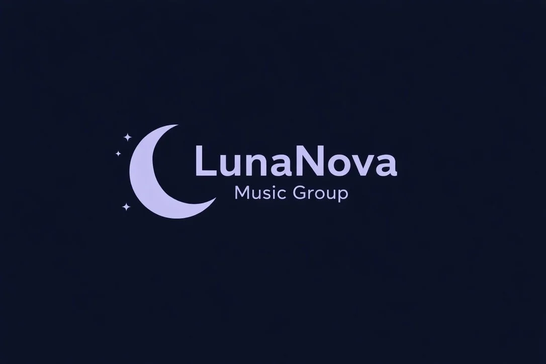 LunaNova Music Group logo with a crescent moon and stars on a dark background