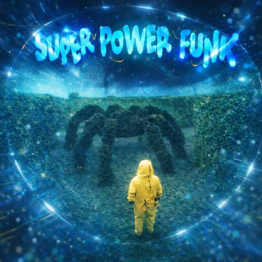 A person in a yellow raincoat standing on a grassy field facing a large shrub shaped like a spider, with a starry sky and an illuminated sign that reads 'Super Power Funk' in the background.