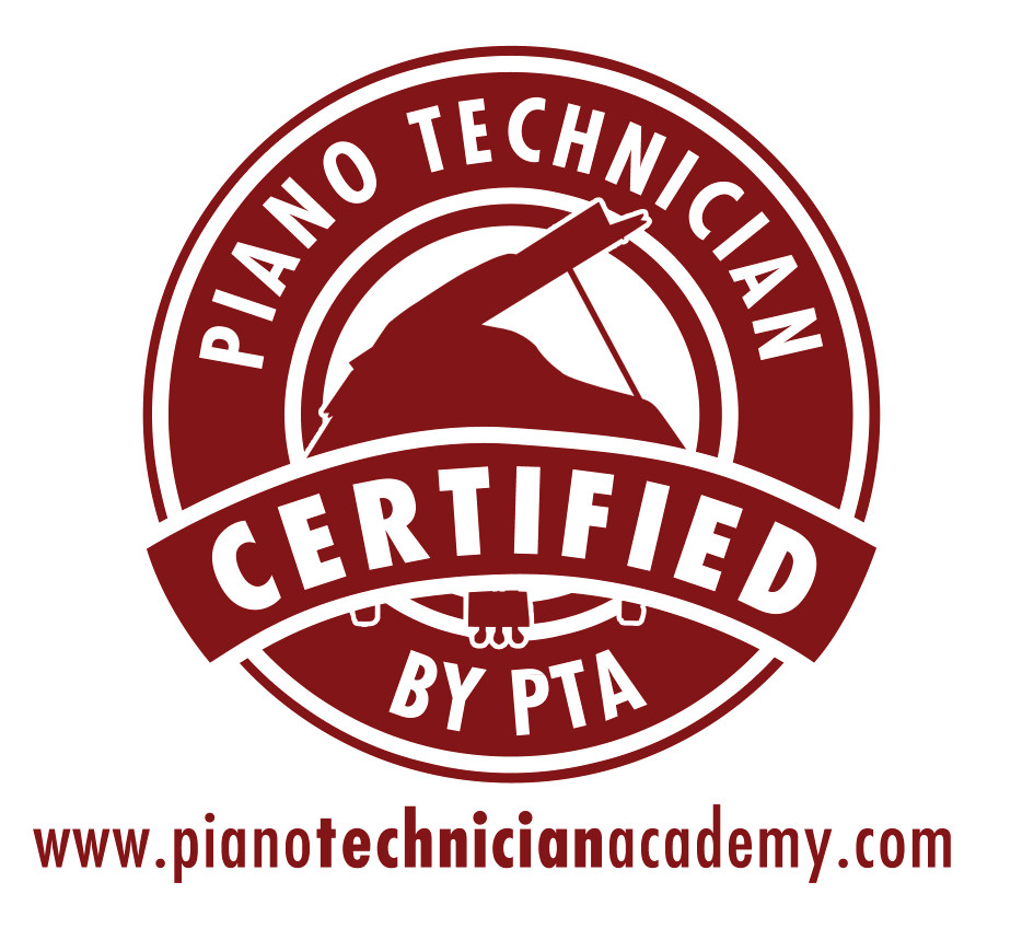 A circular badge with a graphic of a grand piano and text that reads "Piano Technician Certified by PTA". The badge is maroon with white text and graphic elements, and it includes a web address at the bottom.