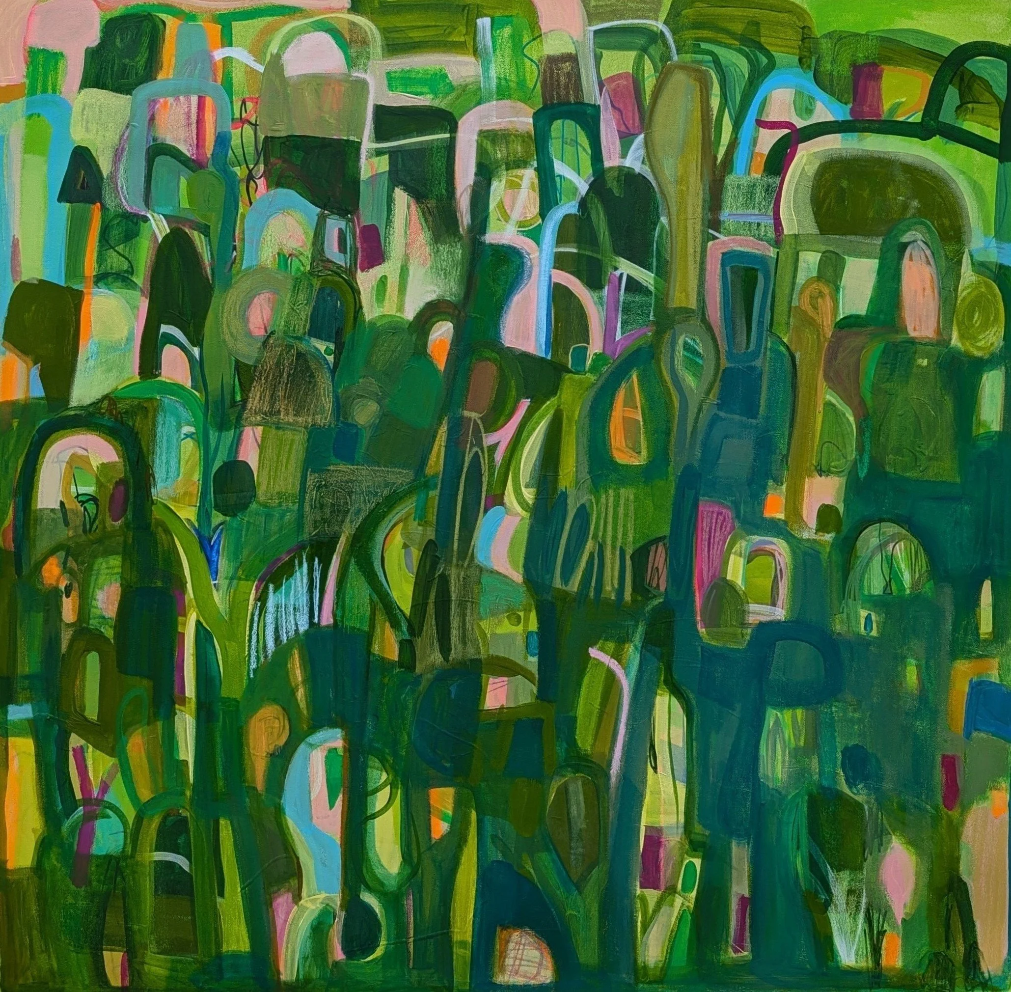 Suzannah Jones, Driving the System; Rivers, Valleys and Roads, 2026, mixed media on canvas, 100cm x 100cm.