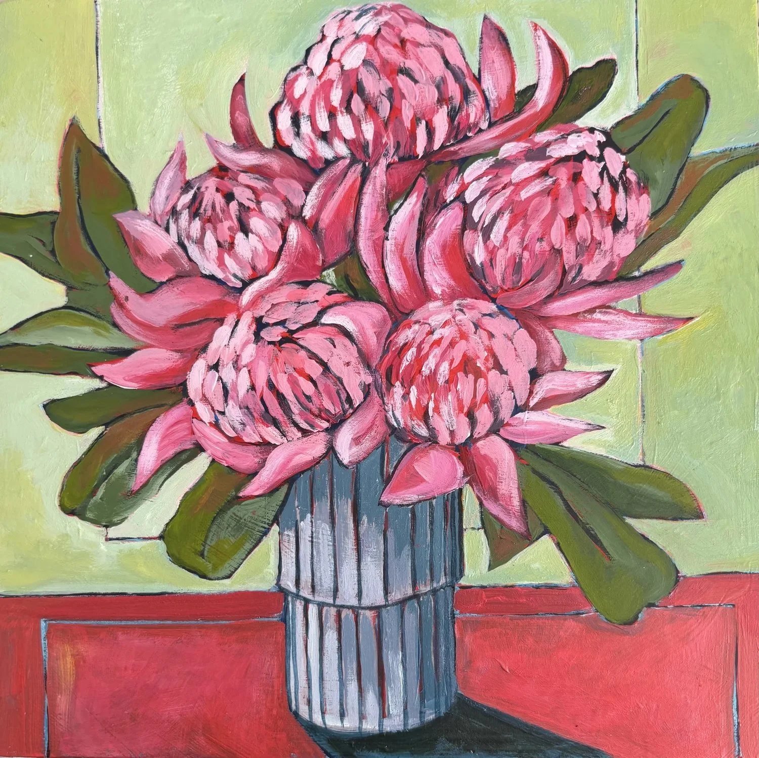 Katrina Collins, Waratahs, acrylic on board, 15cm x 15cm.