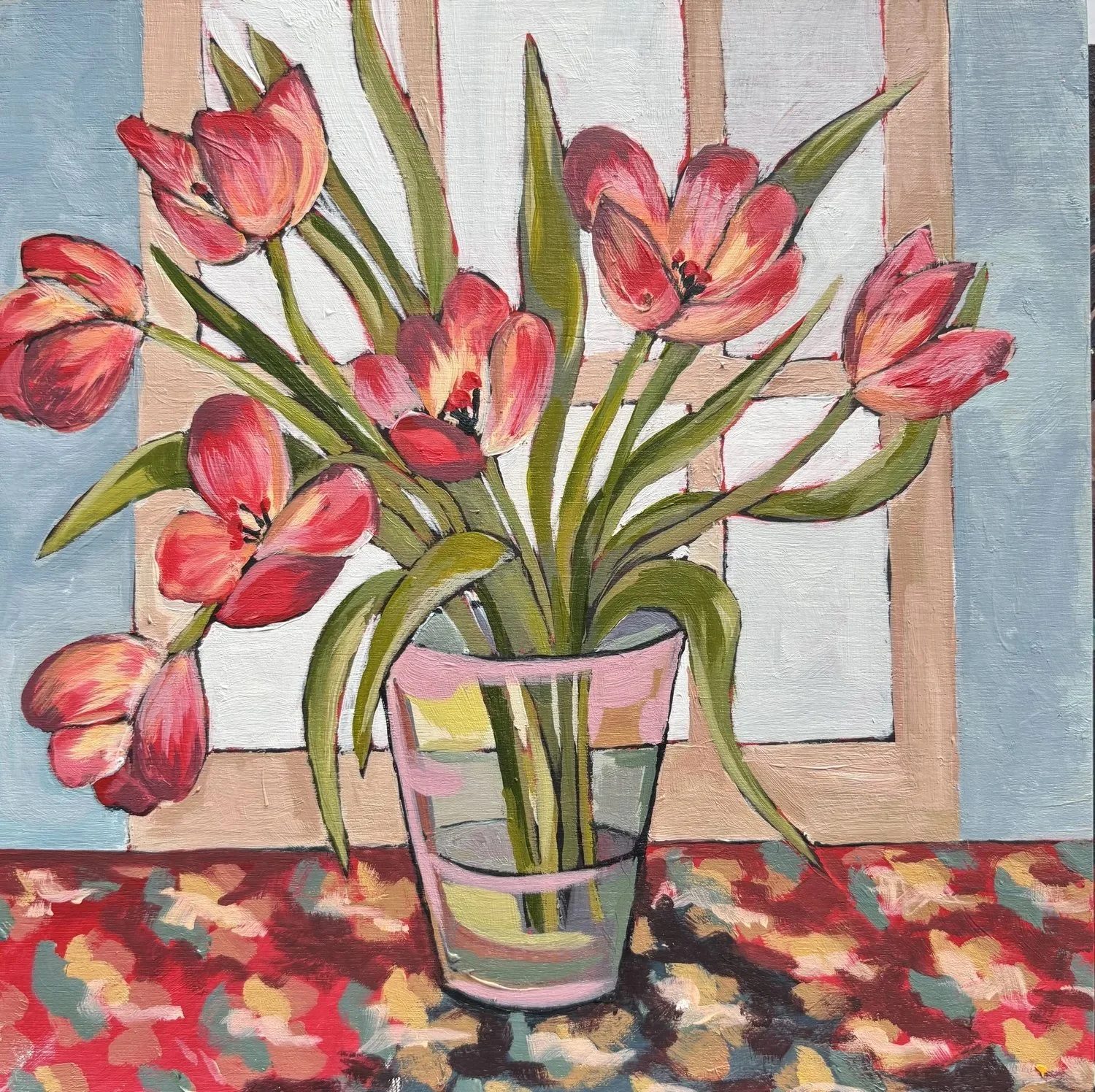 Katrina Collins, Tulips, acrylic on board, 15cm x 15cm.