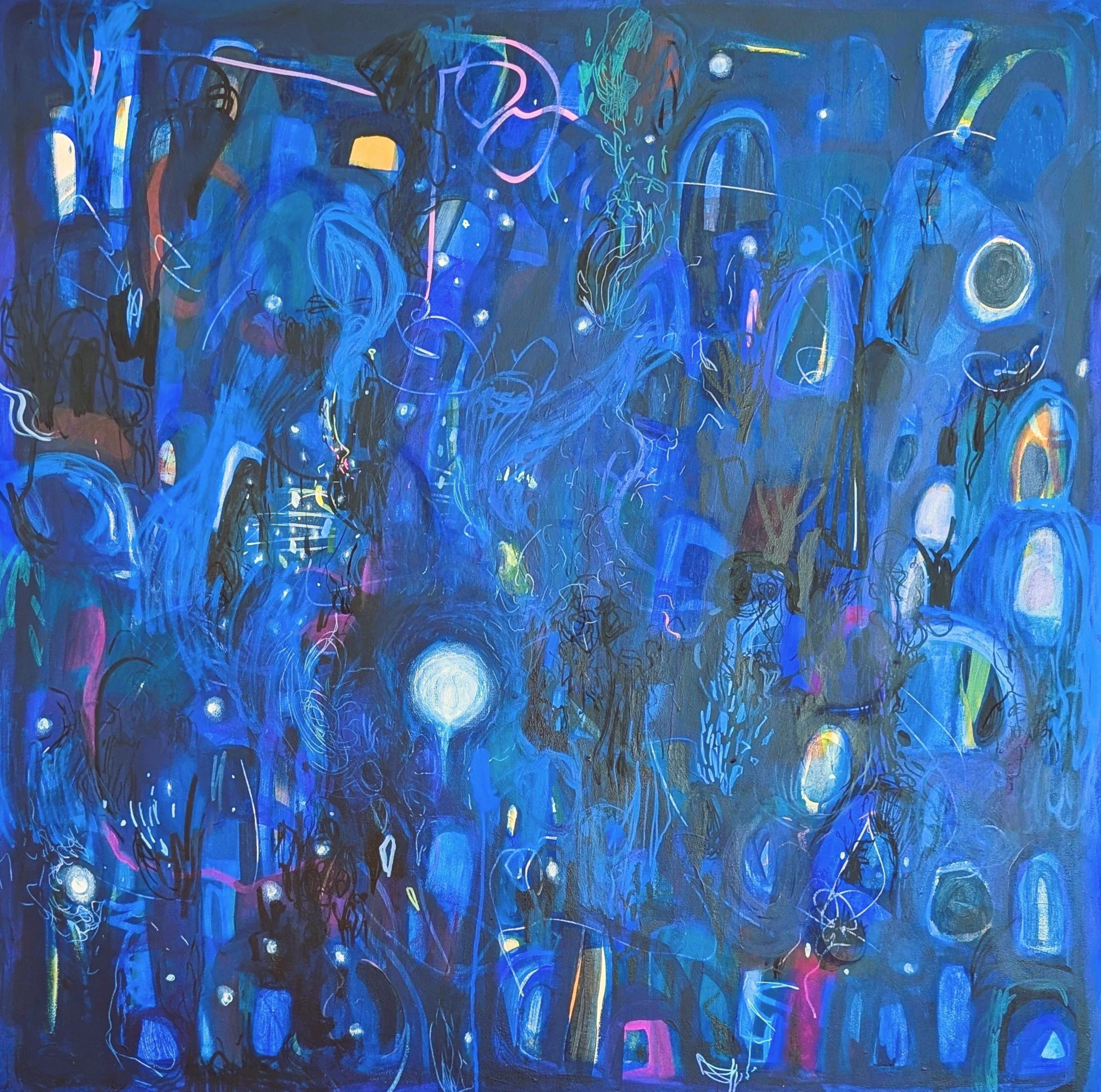 Suzannah Jones, And the galaxy fell into the river, and swallowed its shadow, 2026, mixed media on canvas, 1.2m × 1.2m.