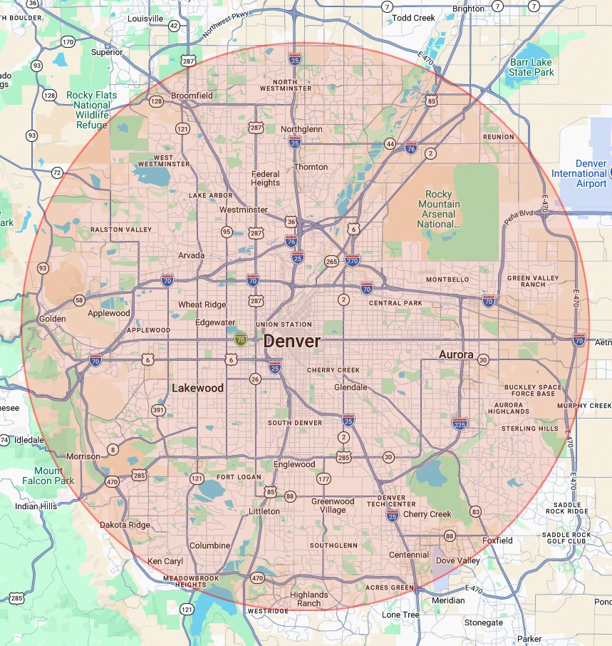 Map of Denver, Colorado with surrounding neighborhoods and parks highlighted, including Rocky Flats National Wildlife Refuge and Rocky Mountain Arsenal National Park.