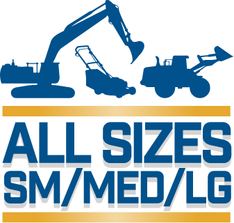 Construction equipment with an excavator, dump truck, and front loader, along with the text 'ALL SIZES SM/MD/LG' in bold letters.