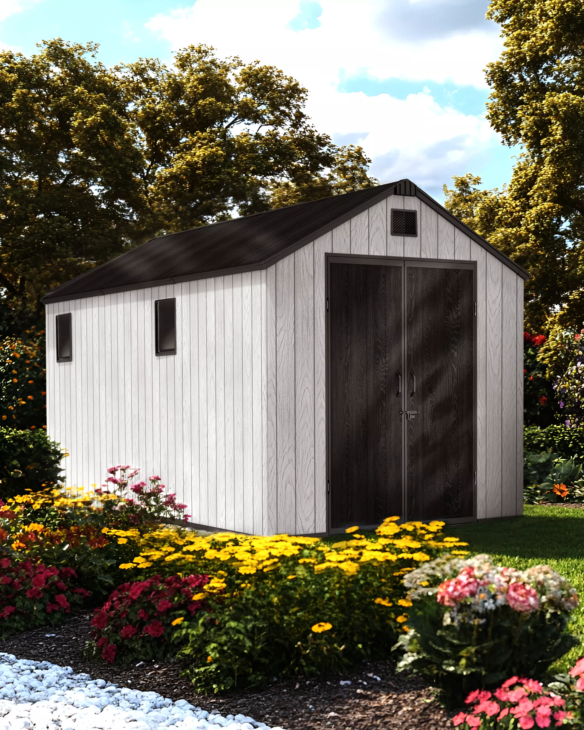 8x16 FT Resin Storage Shed Outdoor – Weatherproof Garden Storage Shed with Double Doors & Apex Roof