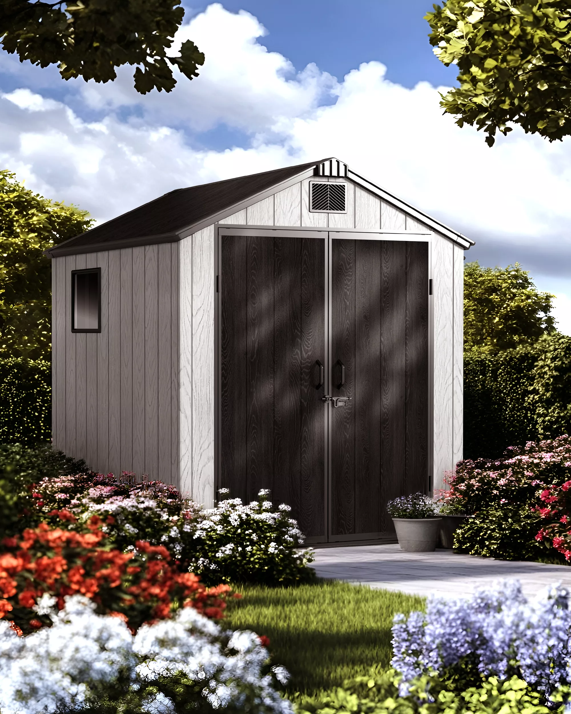 6x6 FT Resin Storage Shed Outdoor – Weatherproof Garden Storage Shed with Double Doors & Apex Roof