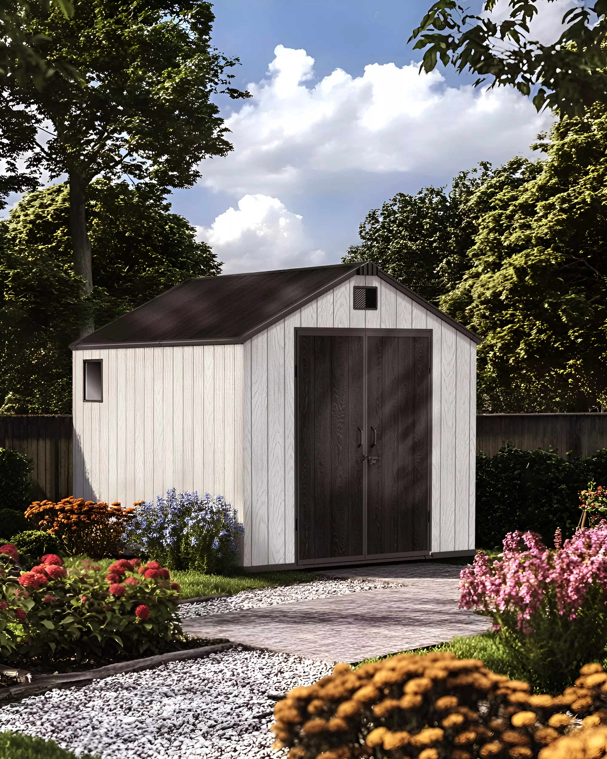 8x10 FT Resin Storage Shed Outdoor – Weatherproof Garden Storage Shed with Double Doors & Apex Roof