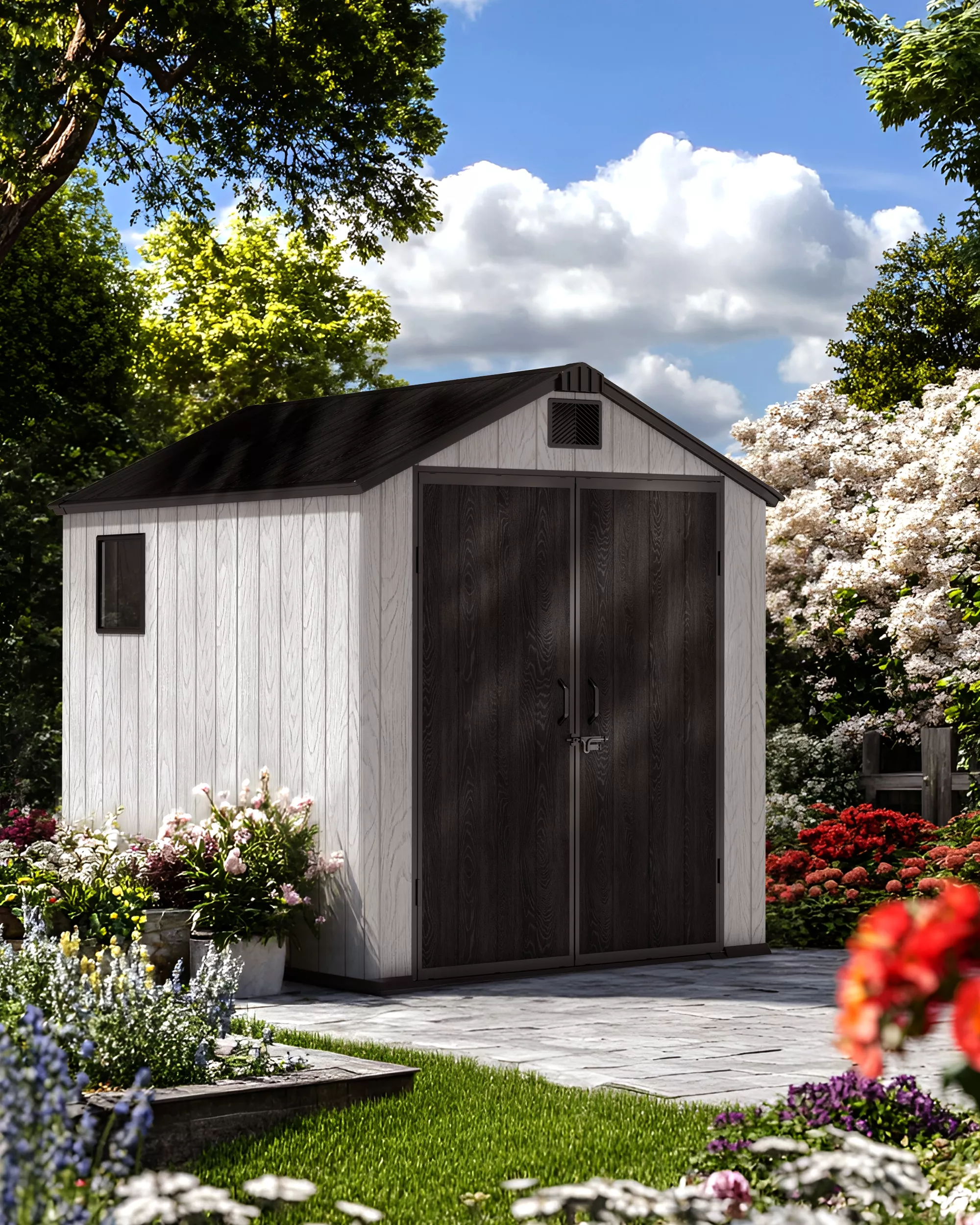 6x8 FT Resin Storage Shed Outdoor – Weatherproof Garden Storage Shed with Double Doors & Apex Roof