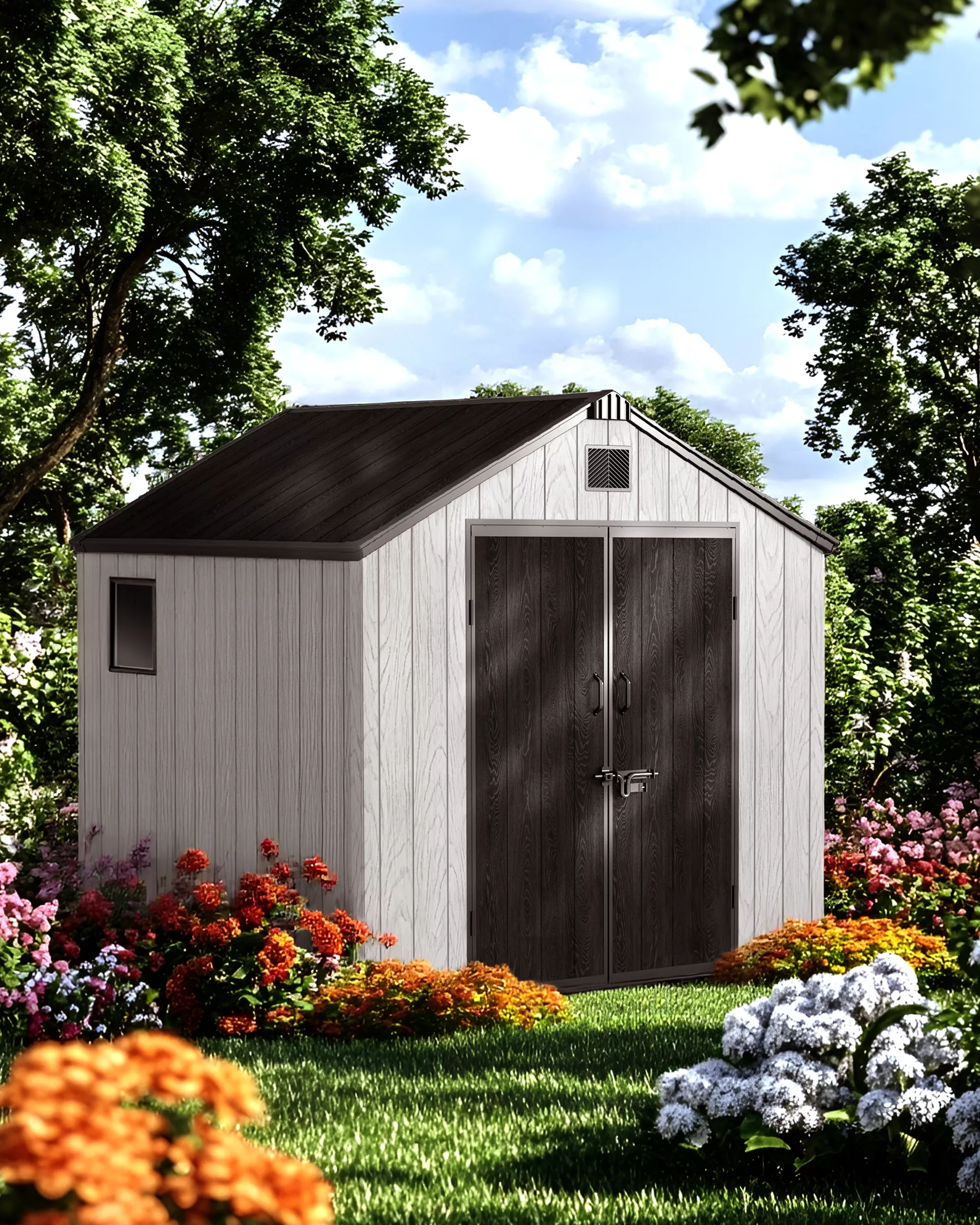 8x8 FT Resin Storage Shed Outdoor – Weatherproof Garden Storage Shed with Double Doors & Apex Roof