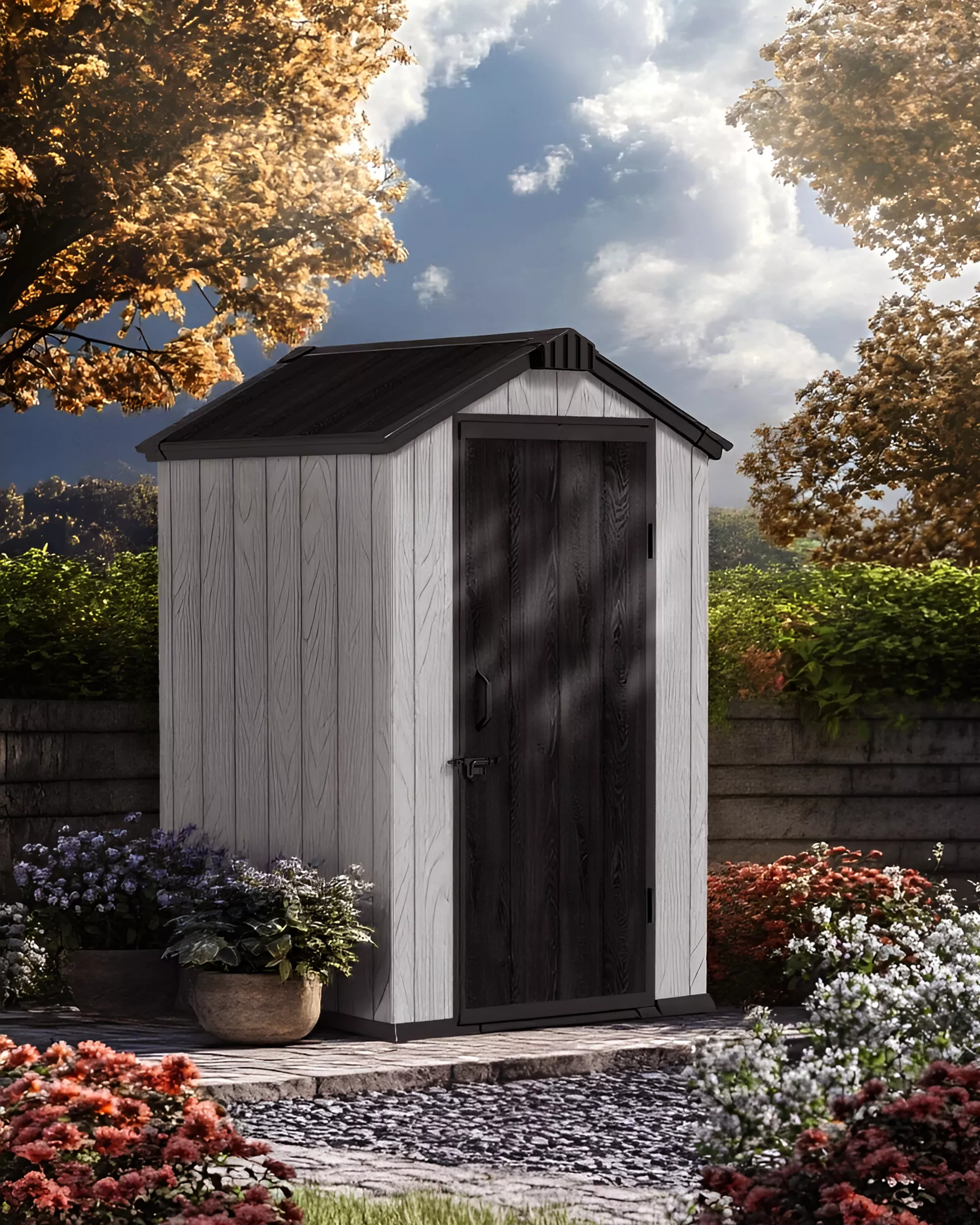 4x4 FT Resin Storage Shed Outdoor – Weatherproof Garden Shed with Apex Roof, Lockable Door, UV Resistant Plastic Storage House