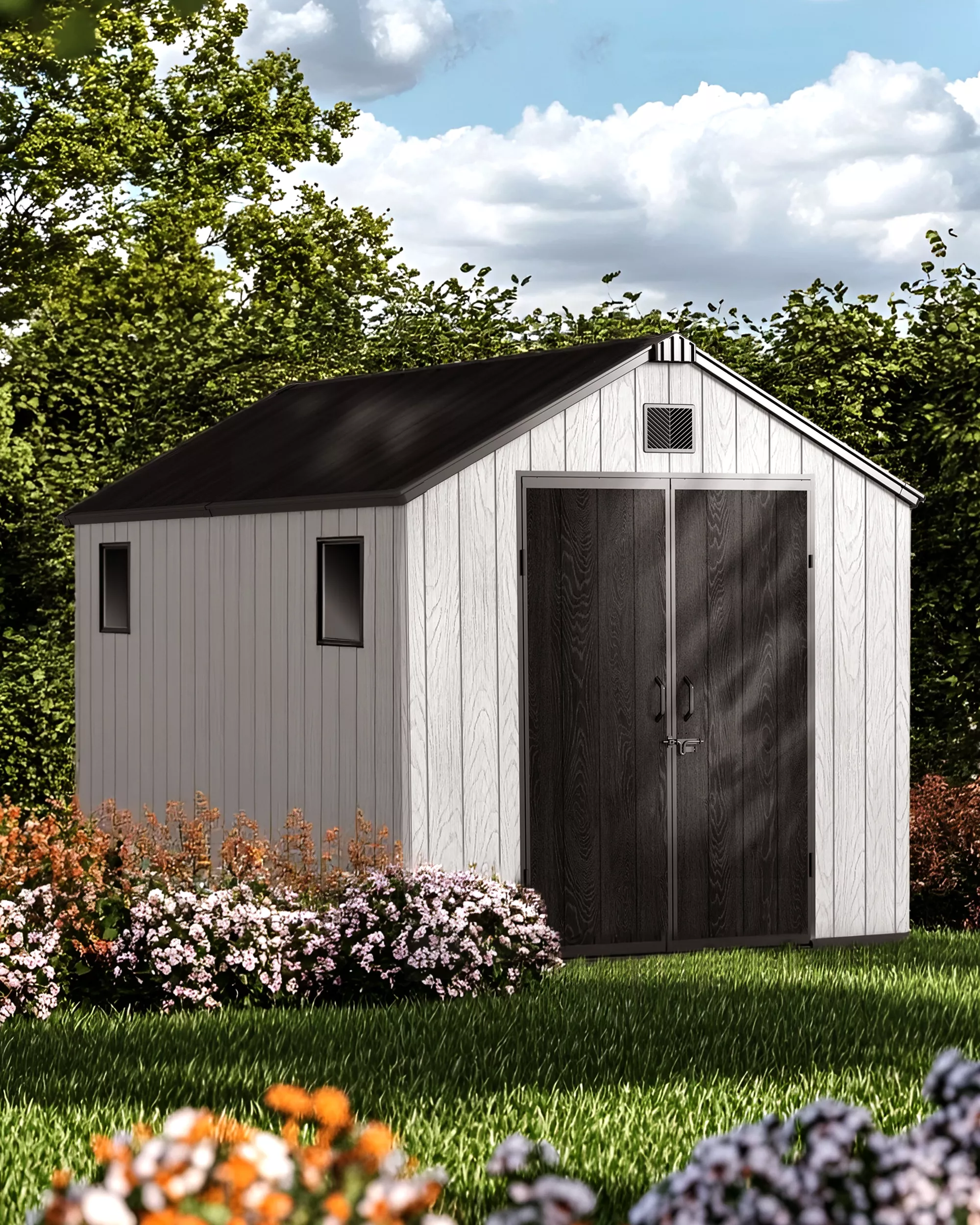 8x12 FT Resin Storage Shed Outdoor – Weatherproof Garden Storage Shed with Double Doors & Apex Roof