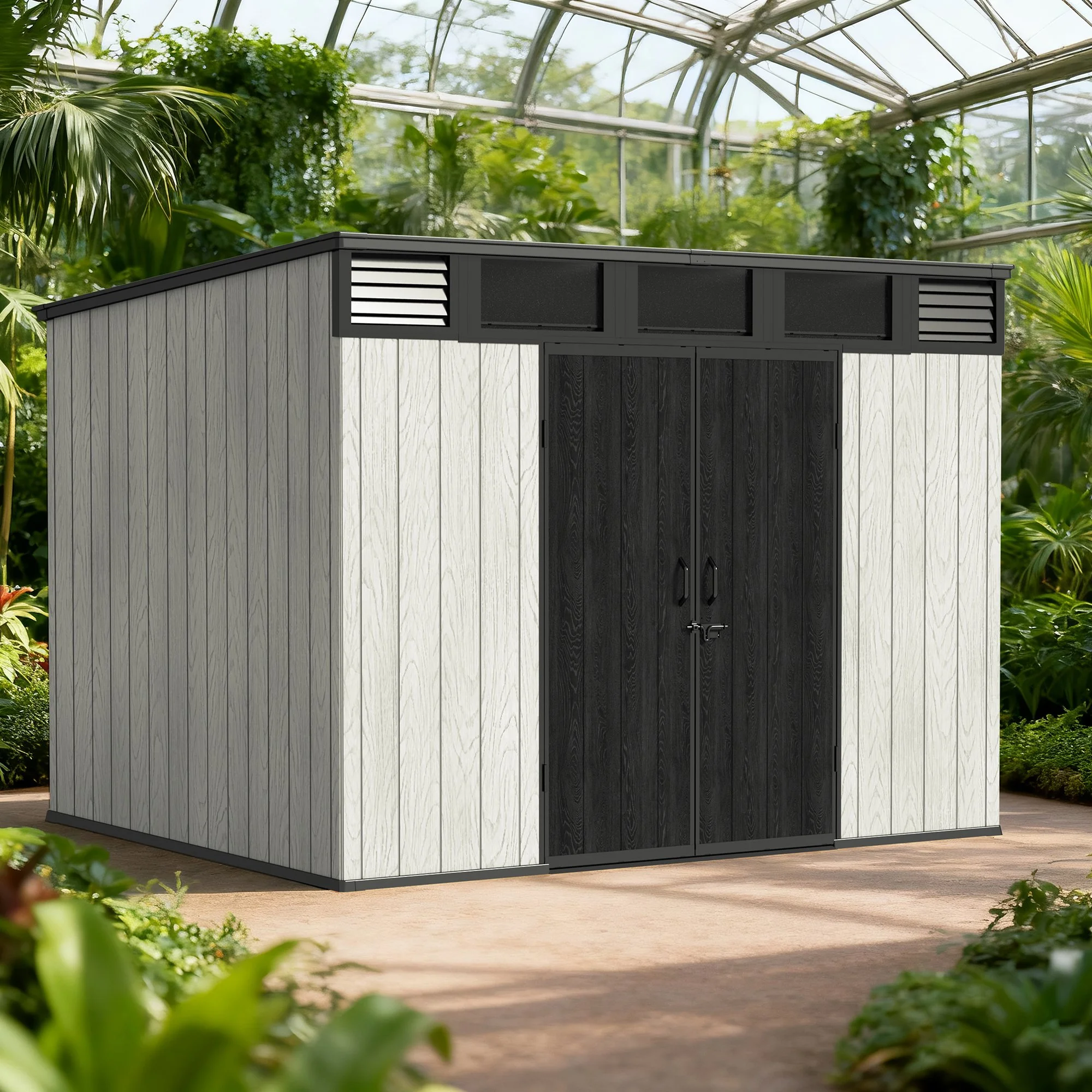 10x8 FT Resin Storage Shed Outdoor – Weatherproof Garden Storage Shed with Double Doors & Pent Roof