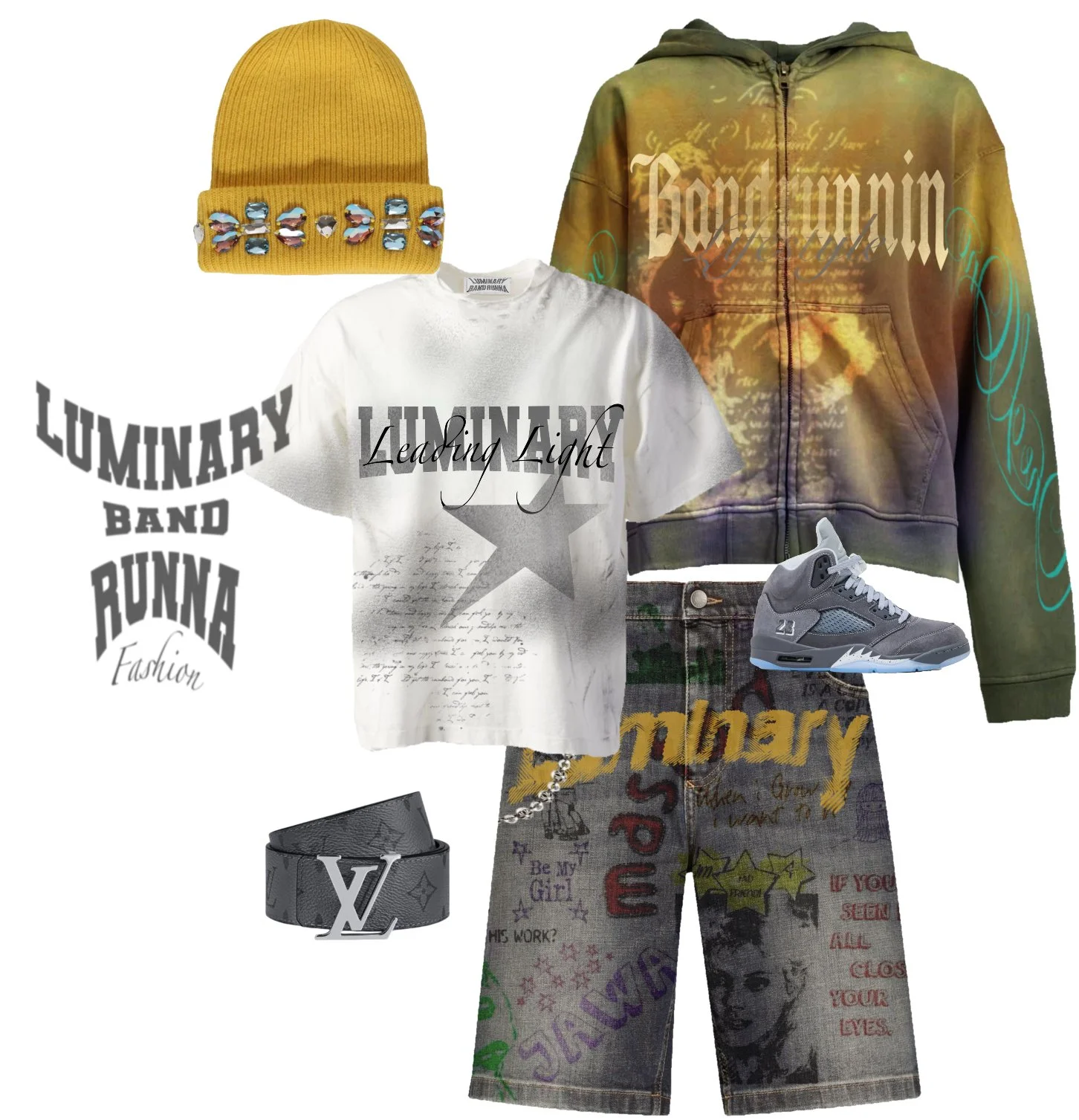 Casual streetwear outfit including a yellow beanie with jewel embellishments, a tie-dye hoodie with graffiti-style design, a white graphic T-shirt, distressed wide-leg jeans with colorful prints, gray sneakers, and a black belt with a silver logo buc
