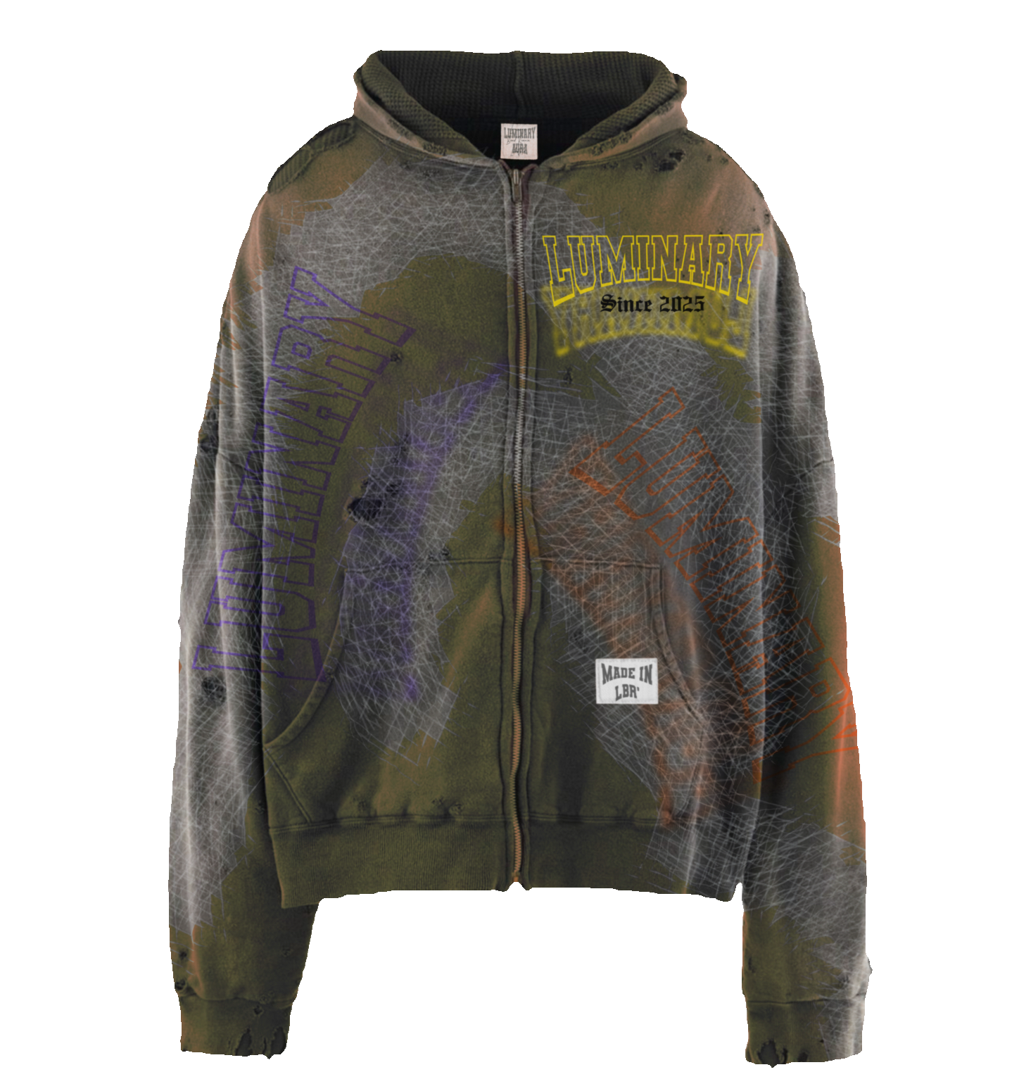 Olive green zip-up hoodie with yellow and purple text and graphic designs, including phrases like "LUMINARY Since 2025" and a small white patch that says "MADE IN LBR".