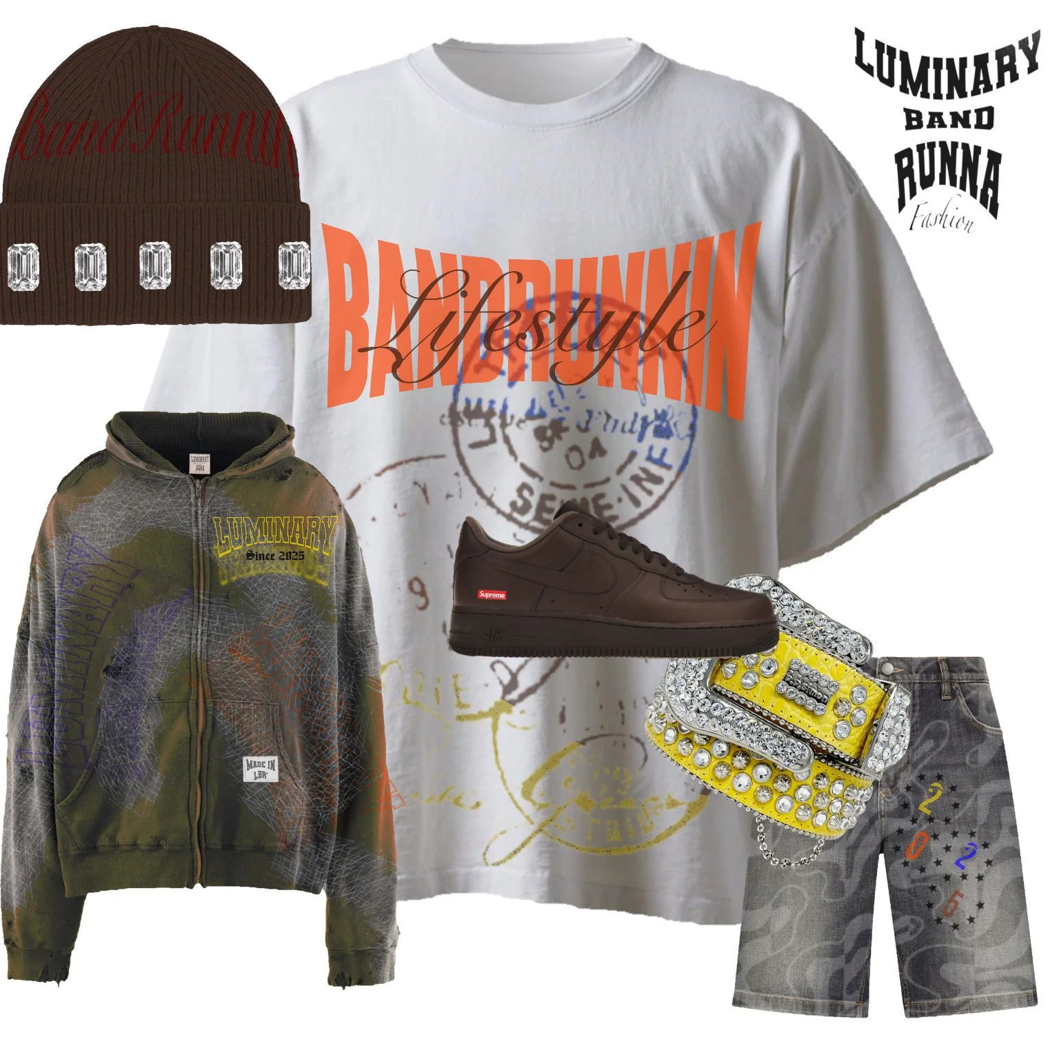 A collage of streetwear clothing and accessories including a brown beanie with rhinestones, printed text t-shirt, camouflage hoodie, black sneaker with a red Supreme tag, rhinestone-studded yellow clutch, and gray shorts with colorful numbers.