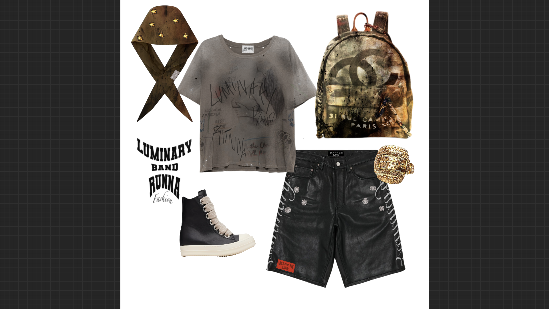 Collection of fashion items including a graphic T-shirt, black leather shorts, a backpack, a gold ring, a pair of black high-top sneakers, a skull ring, and a graphic design with the words "Luminary Band Runnaz".