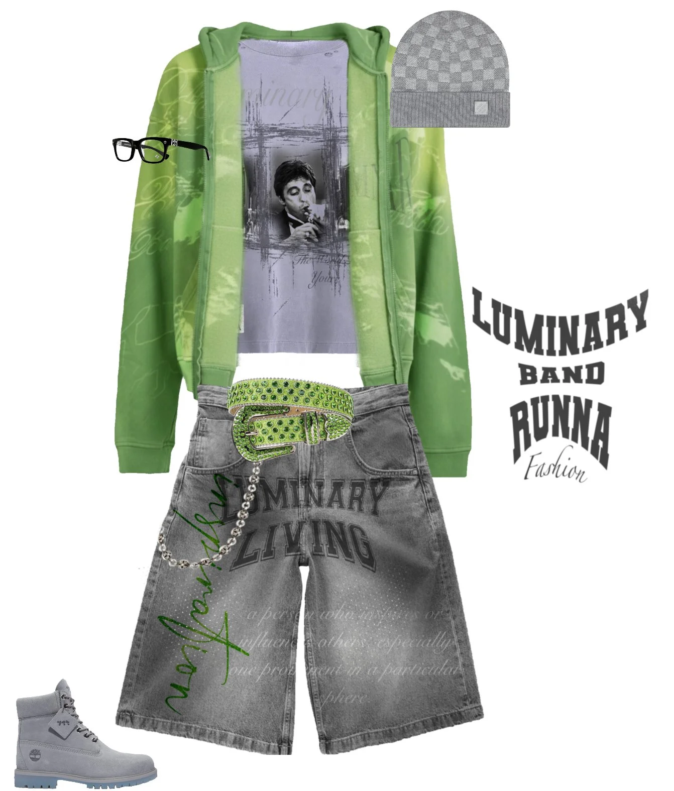 Fashion collage featuring a green hoodie, graphic t-shirt with a person smoking, gray baggy shorts with 'Luminary Living' text, lime-green studded belt with a chain, gray beanie, black glasses, and white high-top boots.