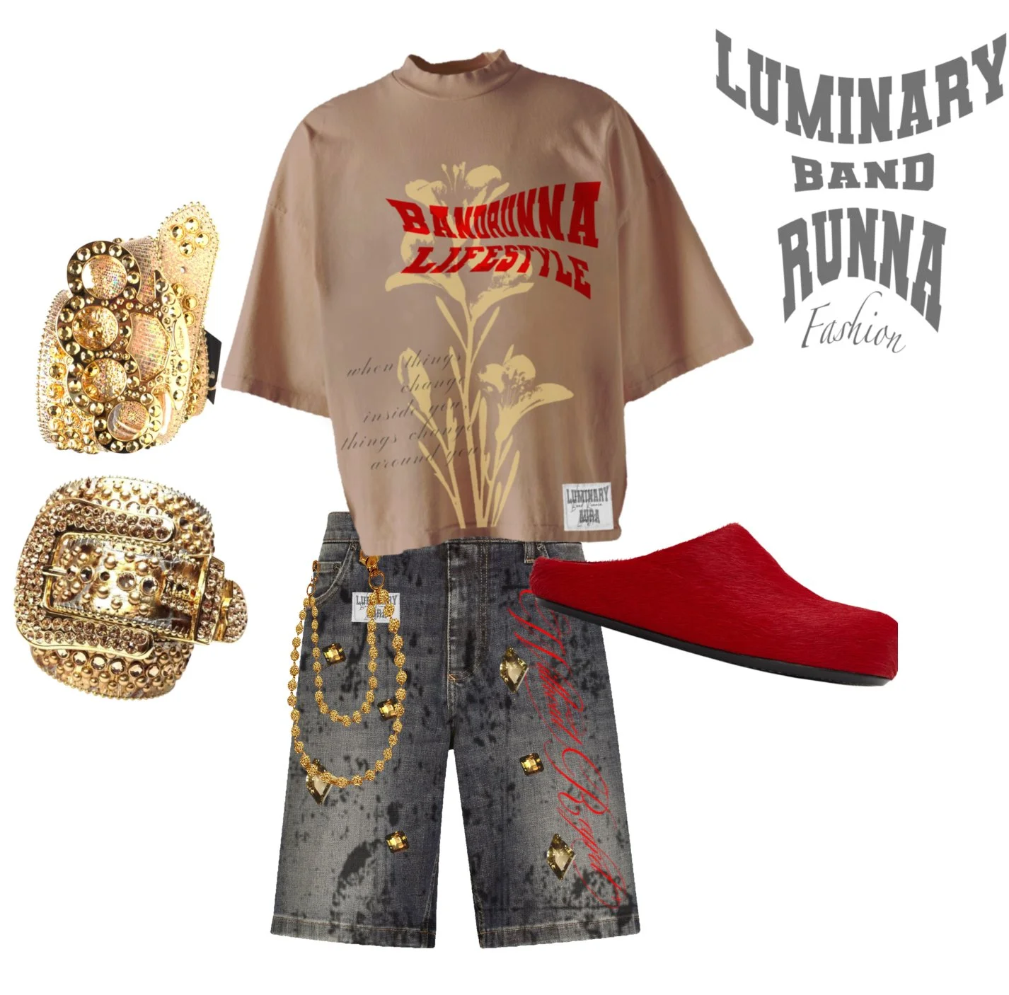 Fashion collage featuring a beige oversized t-shirt with a floral graphic and red text, denim shorts with gold jewelry accessories, a pair of red slip-on shoes, gold jewelry including a ring, a large bracelet, and chain accessories, and graphic text 