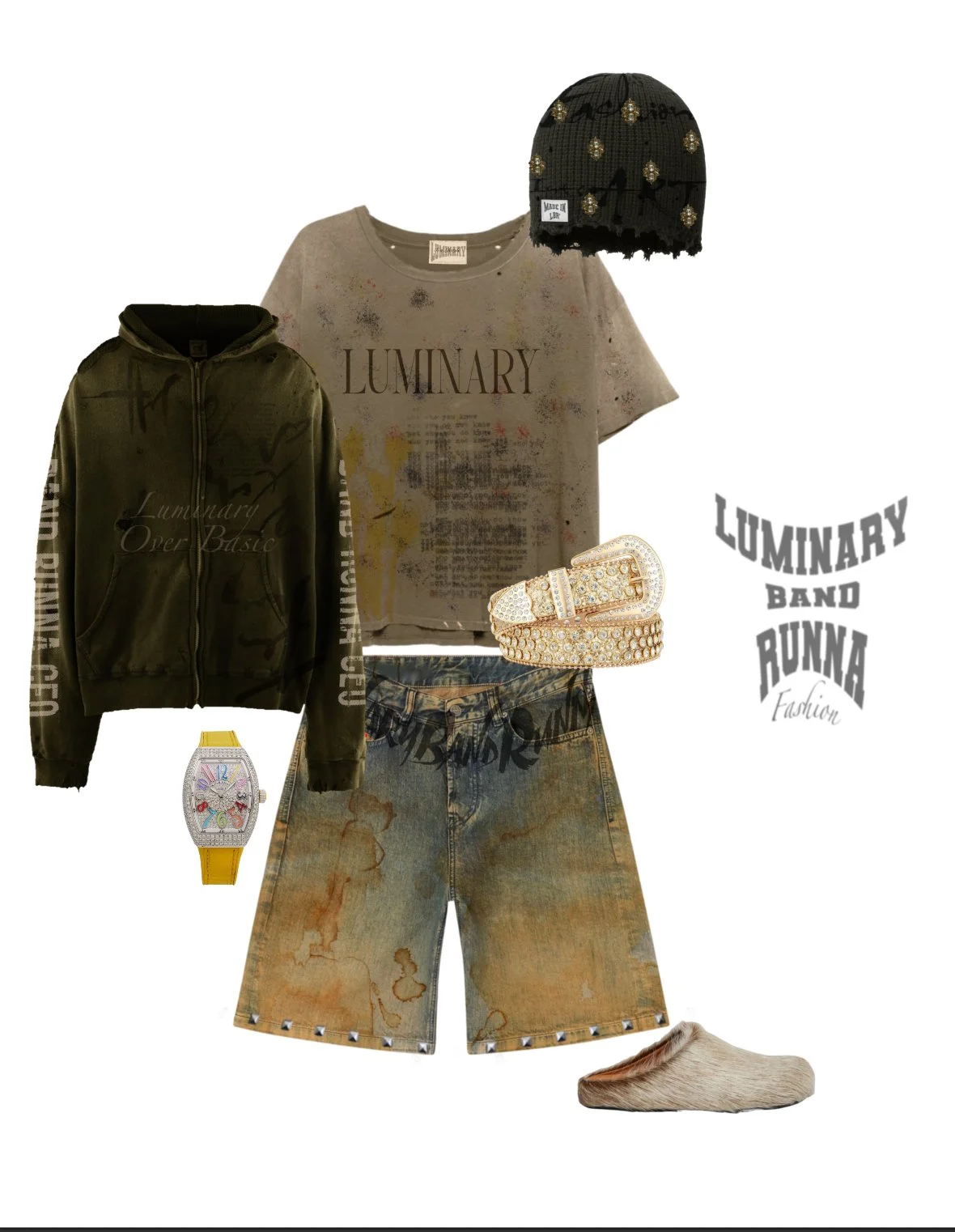 Casual streetwear outfit featuring a graffiti-style gray T-shirt, distressed denim shorts with silver studs, an olive green hooded jacket, a black beanie with gold embellishments, a yellow wristwatch with a colorful face, a diamond-encrusted belt, an