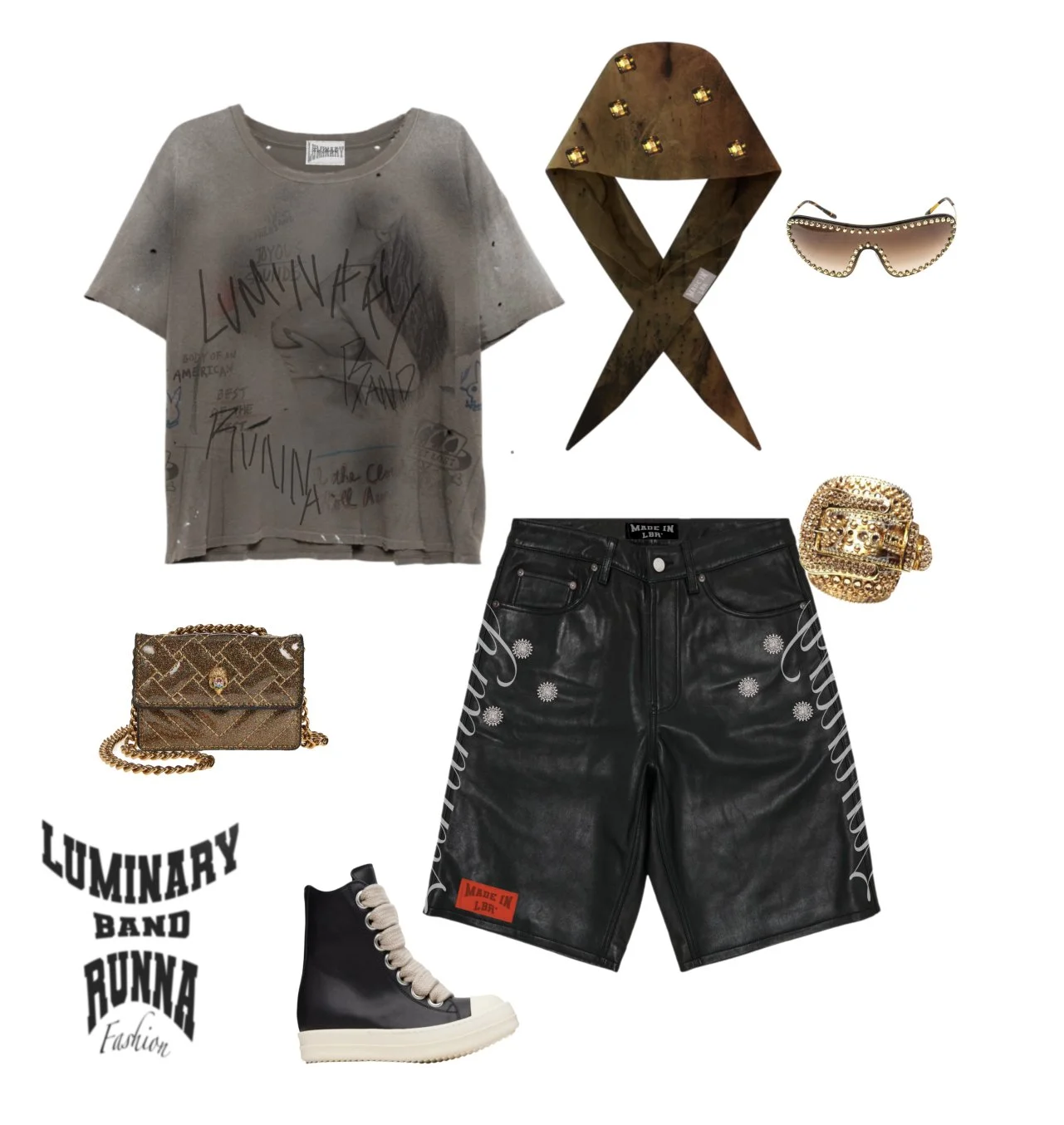 Collection of fashion items including a distressed graphic t-shirt, black leather shorts with white embroidery, a brown knot headband with studs, a pair of sunglasses with decorative rhinestones, a small gold chain purse, a large gold jeweled ring, a