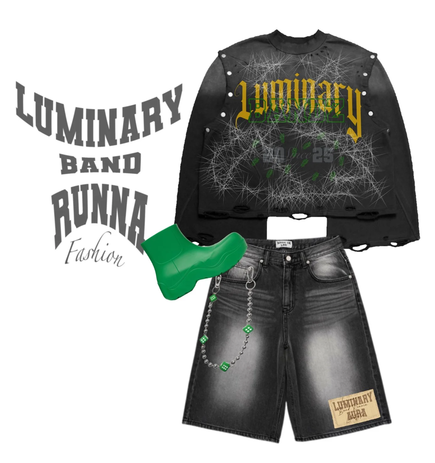 Black distressed cropped sweatshirt with green and yellow graphic design, high-waisted black denim shorts with chain and dice accessories, bright green rain boots, and graphic text that reads "LUMINARY BAND RUNNER Fashion" in stylized font.