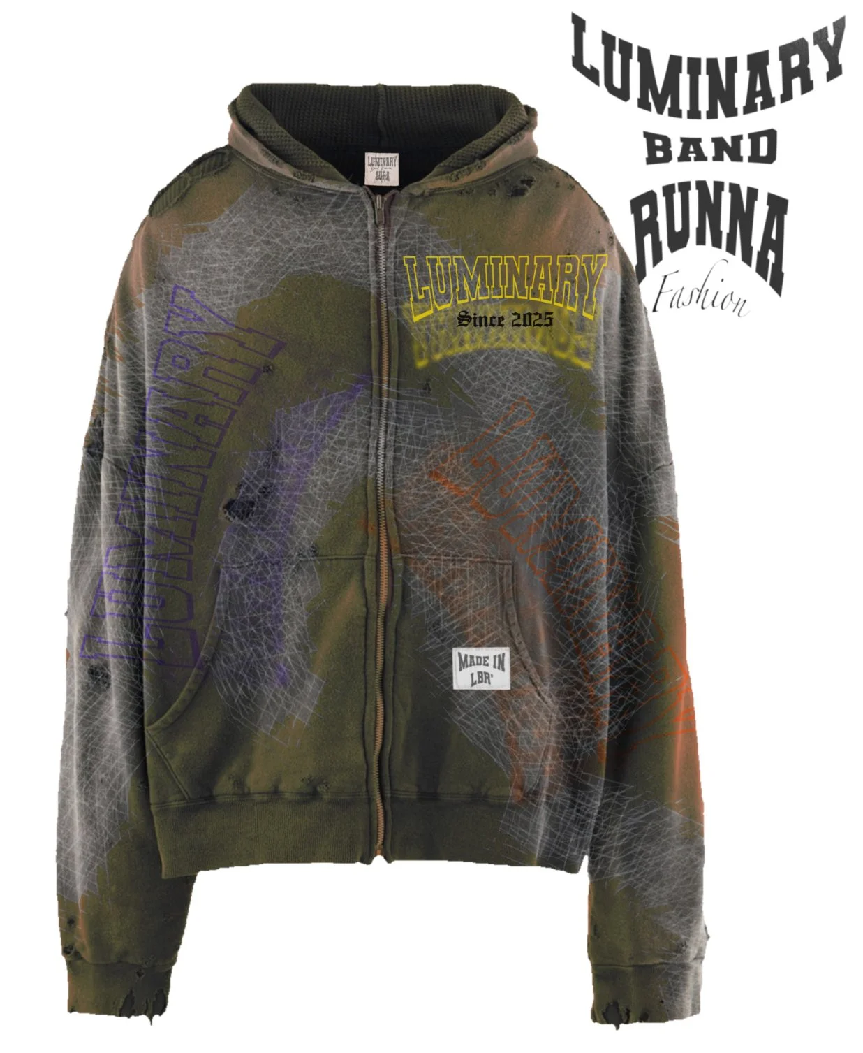 A green camouflage zip-up hoodie with graphic text and designs, including the words 'LUMINARY' and 'Since 2025'. Selected parts of the hoodie show signs of wear and tear, with the fabric frayed at the cuffs. The background features additional graphic