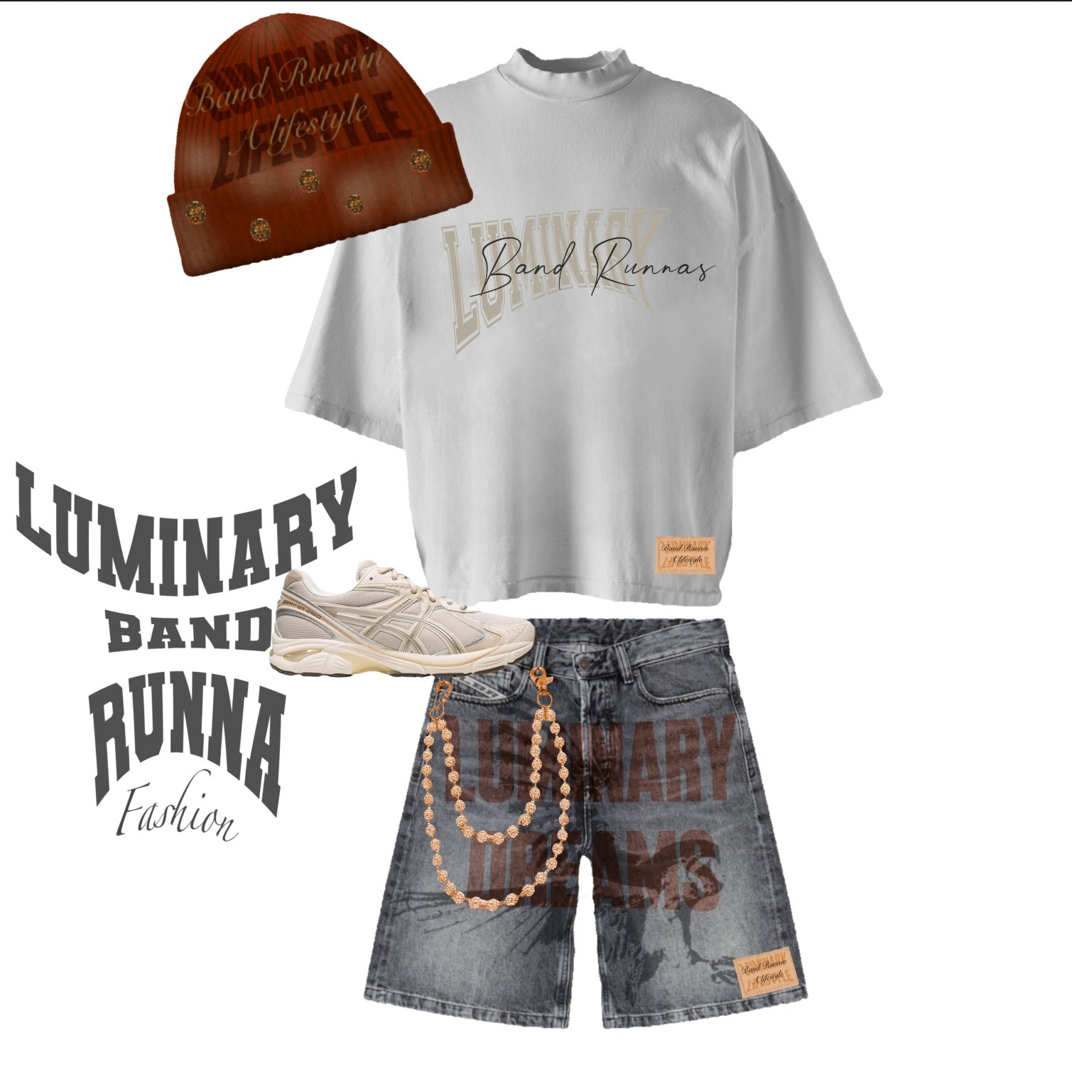 Casual fashion outfit including a white oversized graphic T-shirt, black denim shorts with chain accessories, beige sneakers, a brown beanie with gold embellishments, and text overlays with fashion-related words like "LUMINARY," "BAND RANNAS," and "F