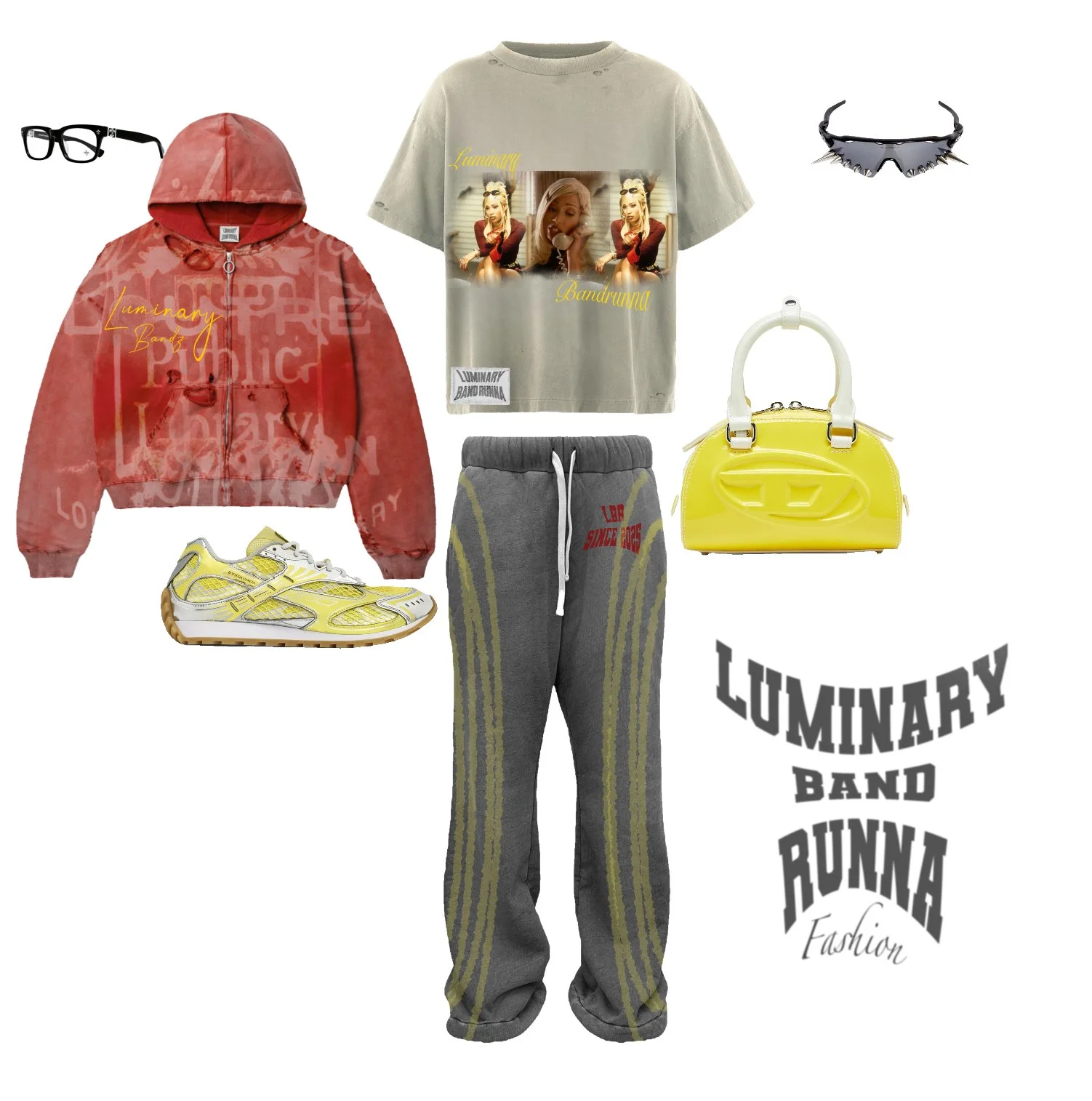 Fashion collage with yellow sneakers, gray sweatpants with yellow stripes, oversized graphic T-shirt, red hooded jacket, yellow handbag, black sunglasses, and black sunglasses with visor. Text includes "LUMINARY BAND RUNNA" and "Fashion."