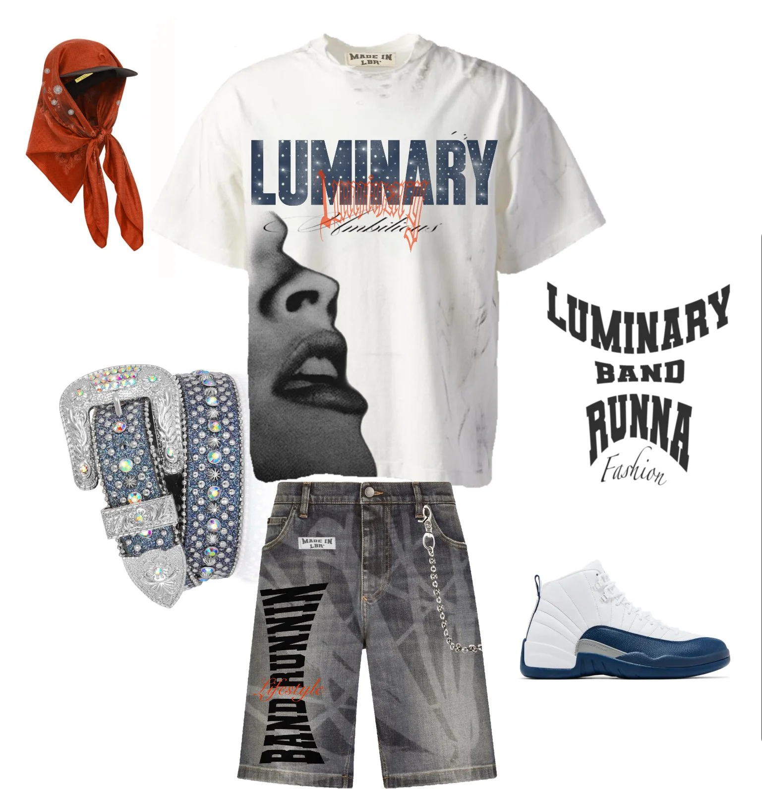 A streetwear outfit featuring a white graphic T-shirt with a woman's face and text, black and grey printed denim shorts with a chain accessory, white and navy high-top sneakers, an orange bandana, and a set of diamond jewelry bracelets.