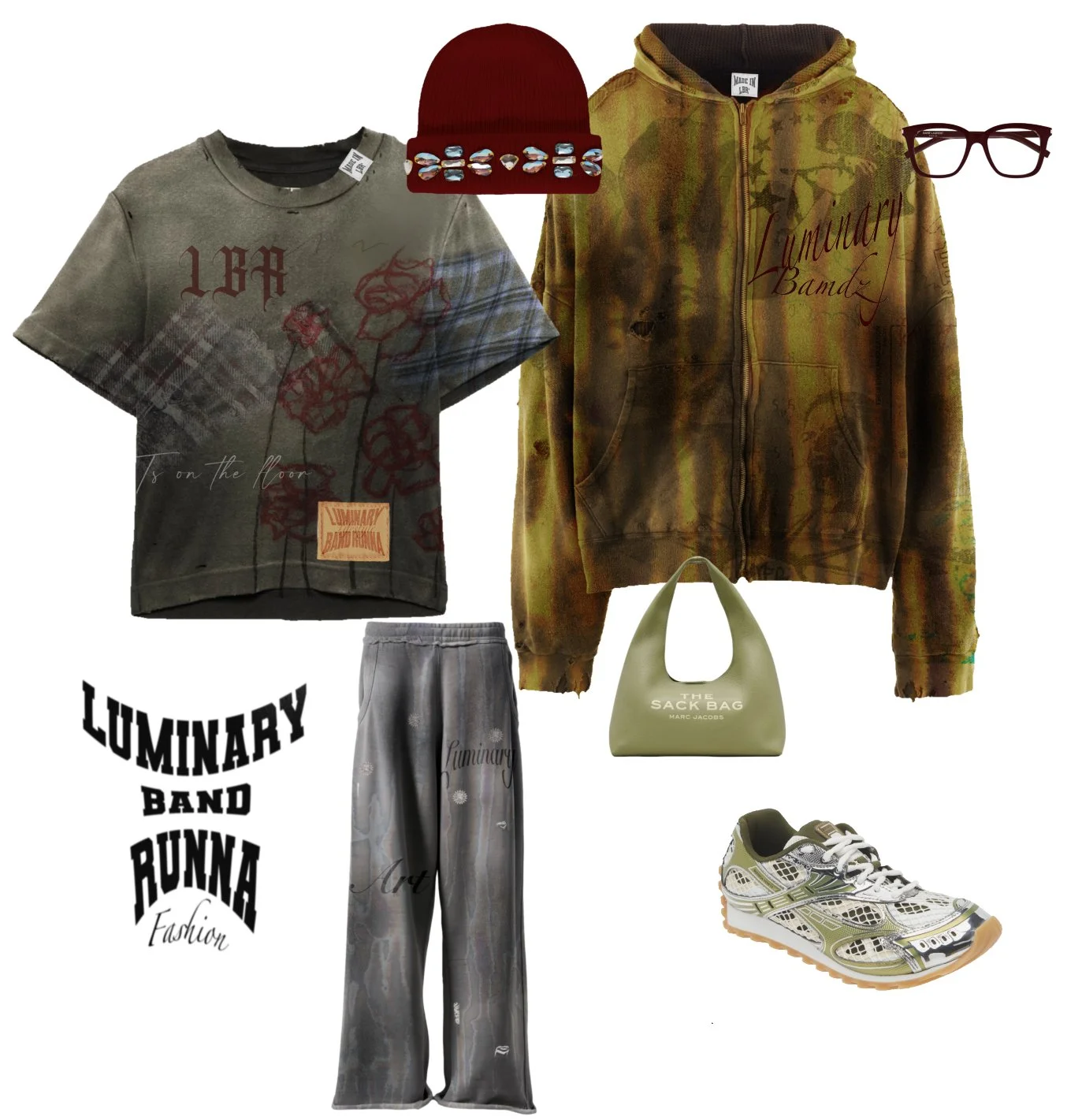 Collection of casual clothing including a graphic t-shirt, a zip-up hoodie, and sweatpants, paired with a red beanie hat, black-rimmed glasses, and patterned sneakers, along with a beige handbag. The image features text indicating the items are from 