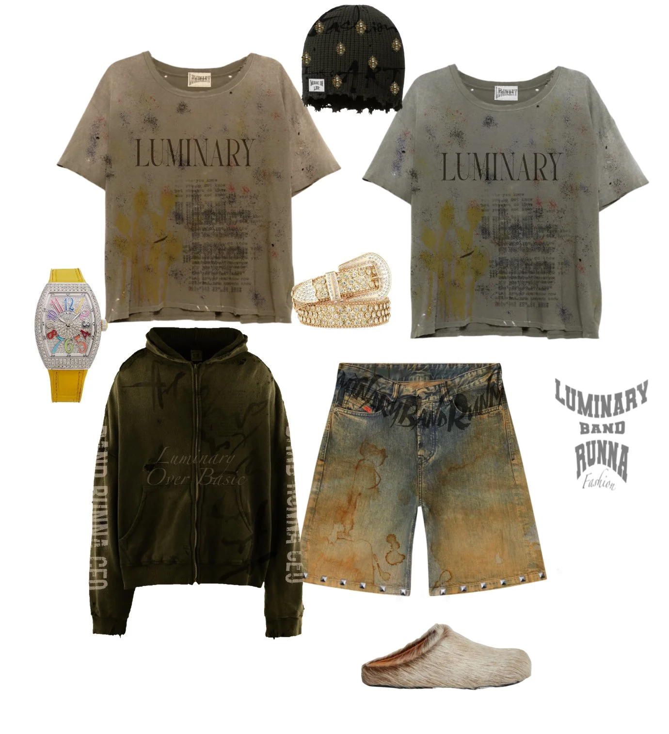 Collection of clothing and accessories including two gray T-shirts with 'LUMINARY' text, a black beanie with gold details, a yellow watch, a pearl-studded belt, an olive green hoodie with 'Luminary Over Basic' text, distressed denim shorts, a beige s