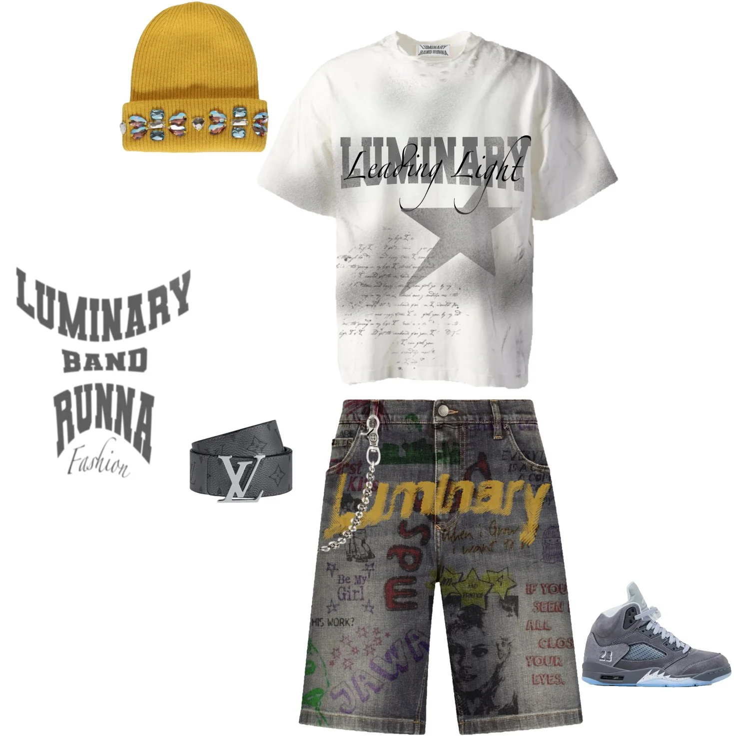 Fashion outfit including a mustard yellow beanie with embedded jewels, a white graphic t-shirt with text and star design, graffiti-style denim shorts, gray sneakers, a black Louis Vuitton bracelet, a black logo belt, and decorative text sayings relat
