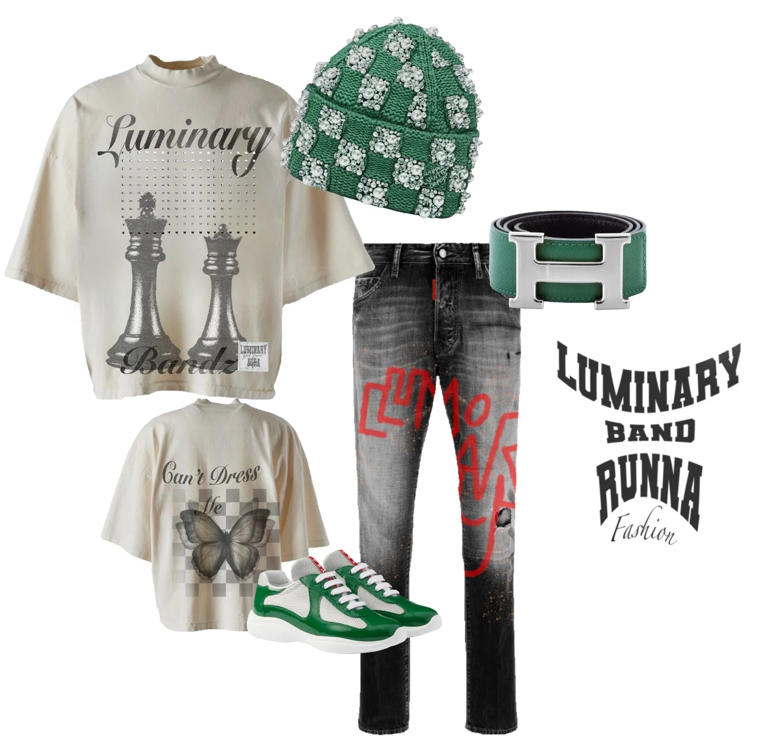 Fashion ensemble featuring a cream oversized t-shirt with chess pieces print and text, a graphic t-shirt with butterfly and text, black and gray distressed jeans with red graffiti, green and white sneakers, a green beanie with floral embellishments, 