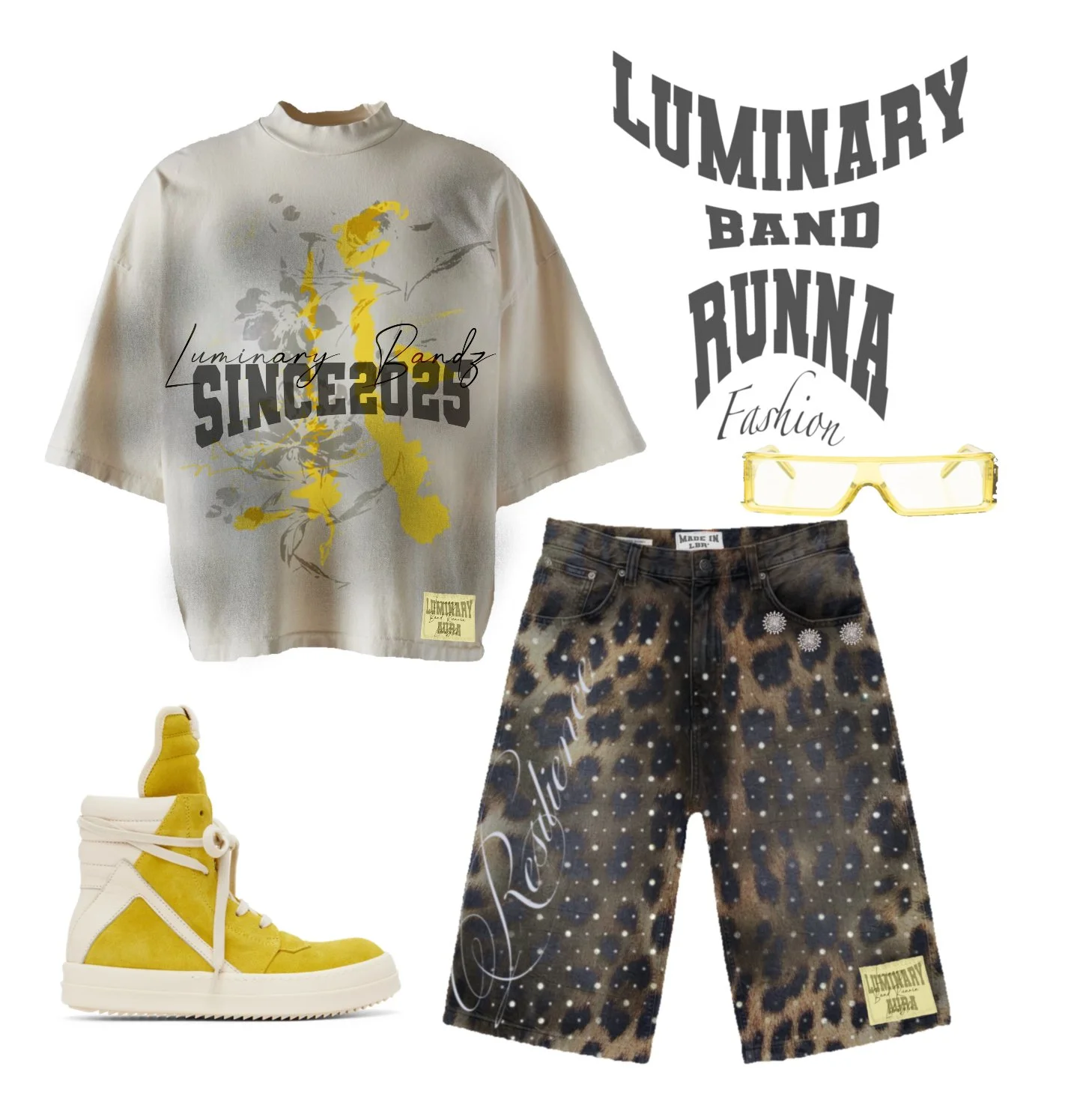 Fashion outfit with a graphic T-shirt, animal print shorts, yellow high-top sneakers, yellow glasses, and motivational text and graphics.
