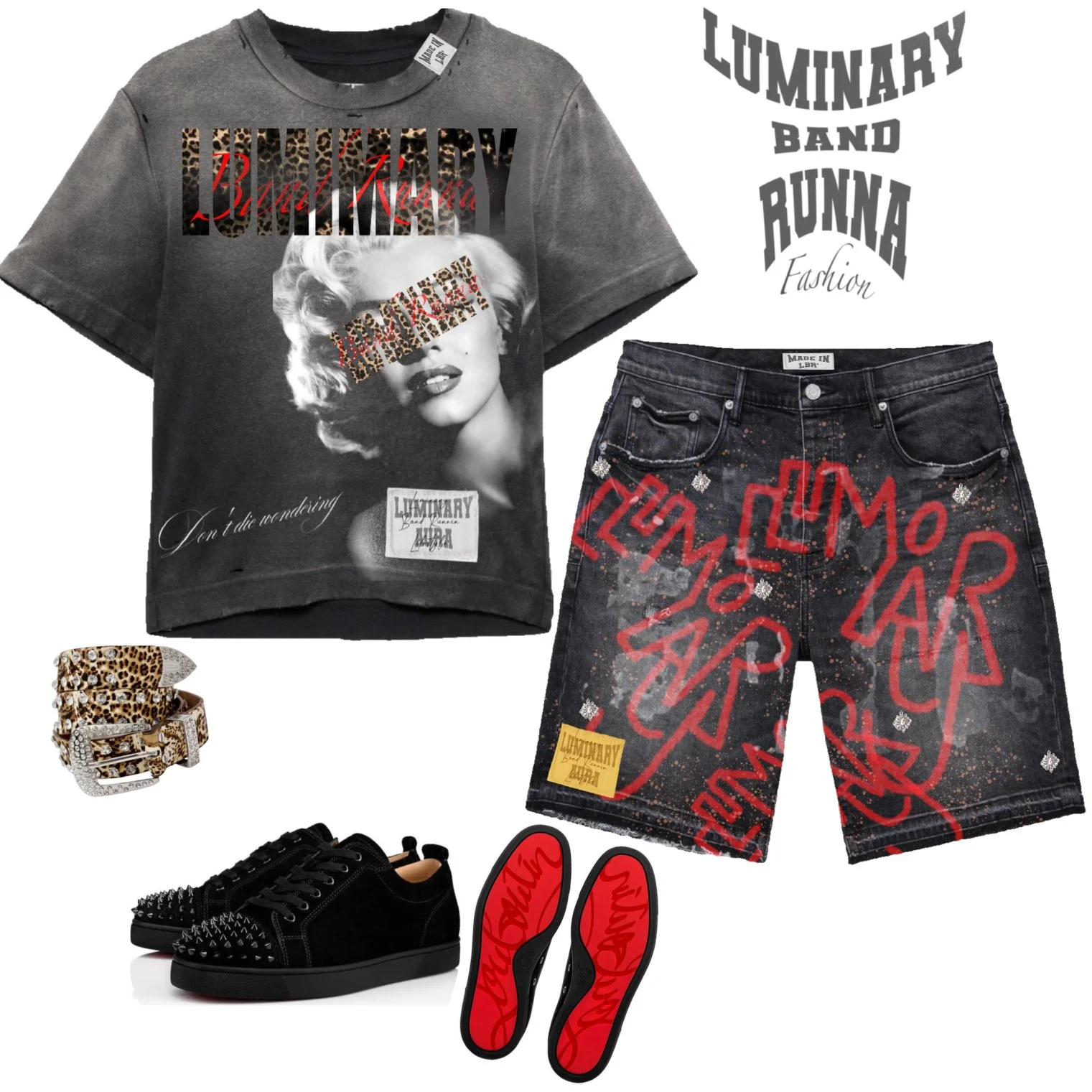 Fashion ensemble featuring a Marilyn Monroe graphic T-shirt, black denim shorts with red graffiti, a leopard print belt with silver embellishments, black sneakers with spikes, red insoles with branding, and jewelry, all styled with text overlayed on 